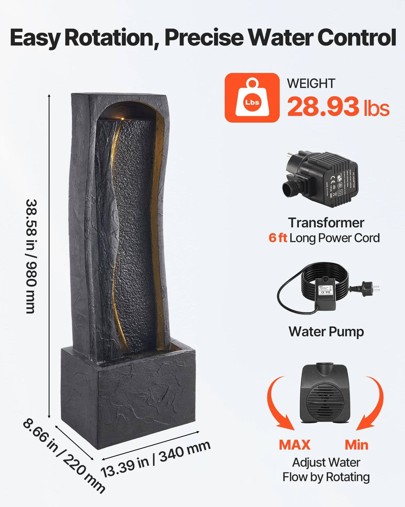 VEVOR Fuente de Agua para Exteriores, 98 cm de Altura, Fuente de Cascada Moderna de Una Sola Capa con Base de Roca, Luz LED y Bomba para Jardín, Patio, Decoración del Hogar, Exterior, Negro