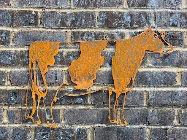 Gran exterior rústico vaca lechera ganado granja animal jardín pared casa puerta valla cartel colgante metal oxidado escultura regalo