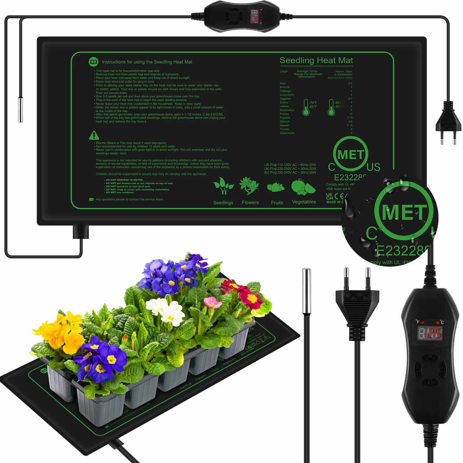 AOOWU Almohadilla Térmica para Plantas, Estera Calefactora Ajustable, Alfombrilla de Calentamiento IPX4 Impermeable, 50W Manta Termica Planta de Invernadero para Germinación de Plántulas, 52.5 x 25 cm