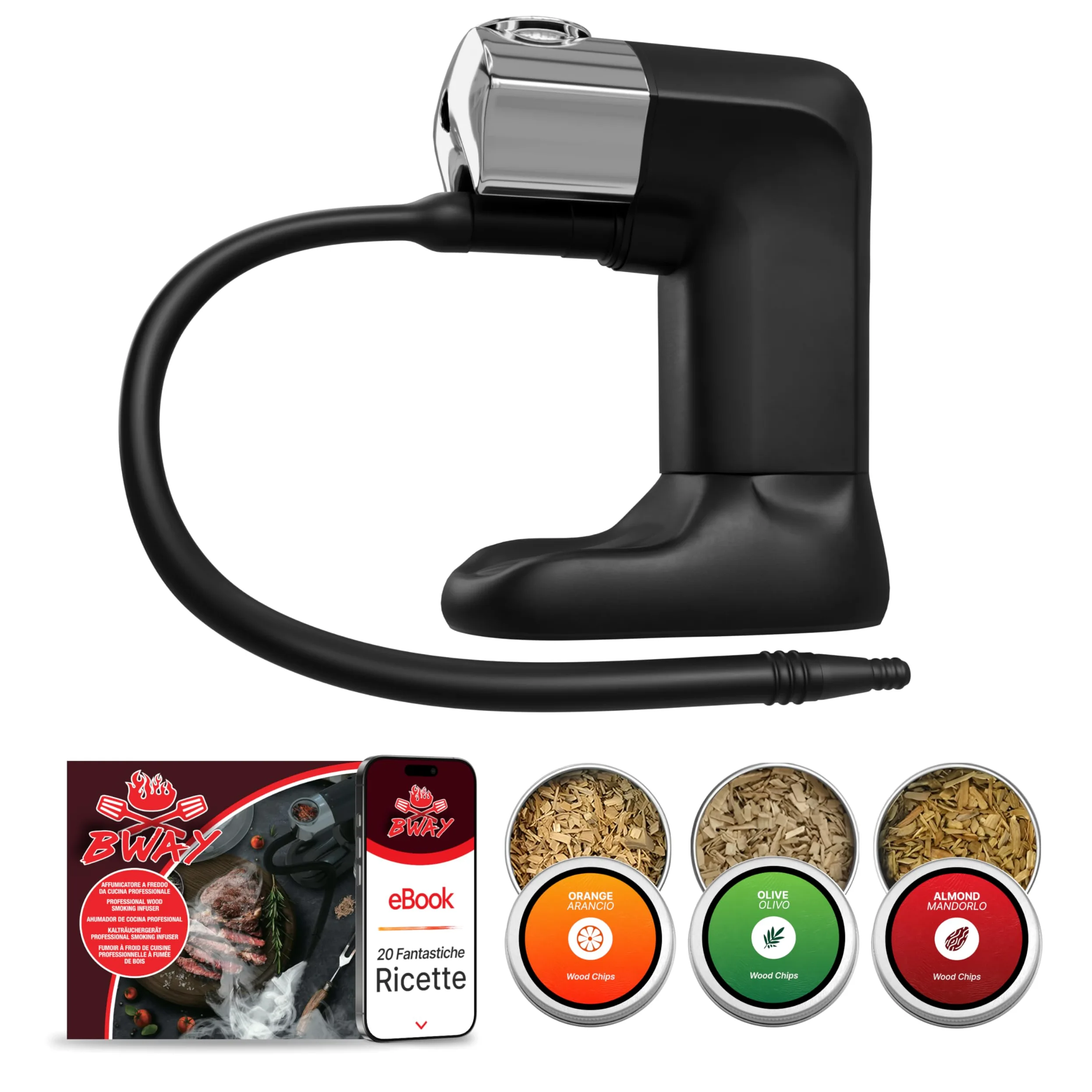 BWAY Ahumador de Alimentos en Frío - Ahumador de Carne con 3 Paquetes de Madera y eBook de 20 Recetas Incluido - Smoker Portátil Ideal para Queso, Pescado y Cócteles