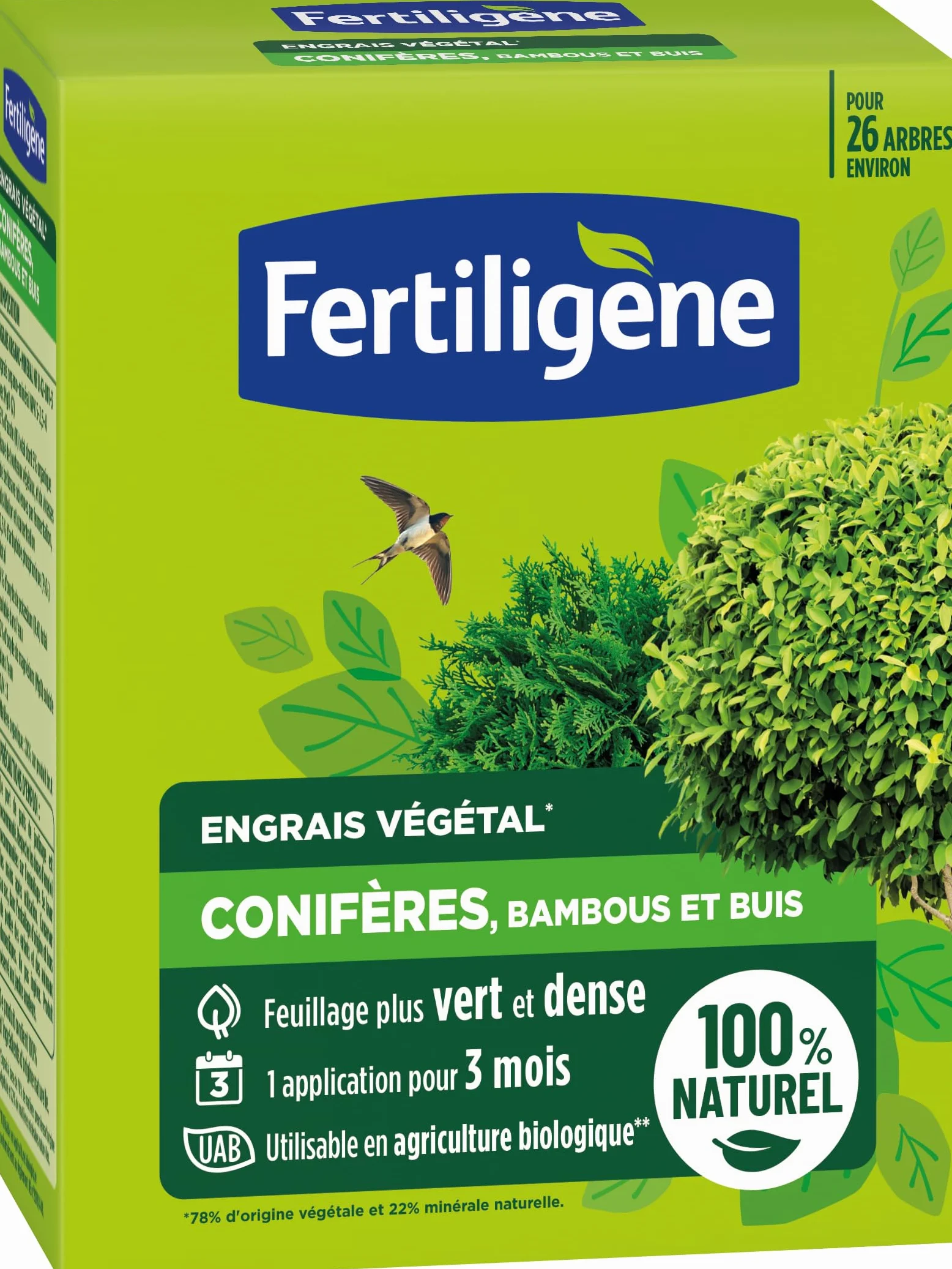 FERTILIGENE FEGCOB650 - Fertilizante vegetal de coníferas, bambú y boj 650 g - Follaje más verde y denso - Solo 1 aplicación en 3 meses - Hasta 26 árboles - Producto 100% natural con zeolita