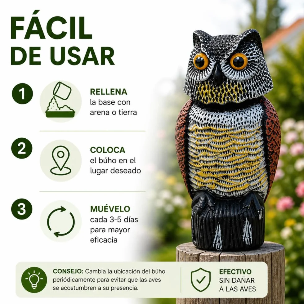Remi Hogar Búho Espantapájaros Realista | Ahuyenta Palomas, gaviotas y Otras Aves urbanas | para Exteriores, Balcones, Jardines y Piscinas | Poliuretano | Respetuoso con el medioambiente y Fauna