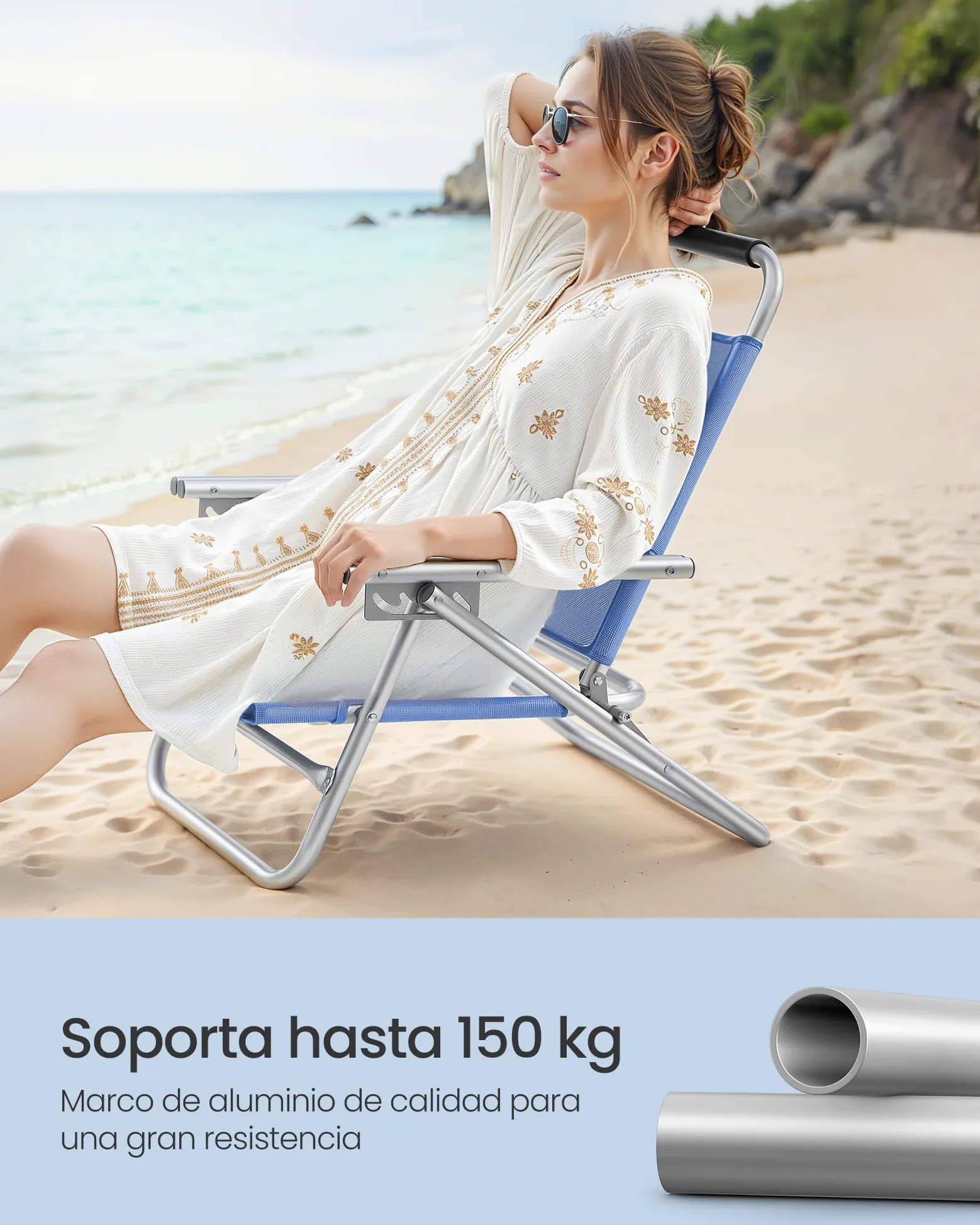 SONGMICS Silla de Playa, Plegable, Portátil, Respaldo Ajustable en 4 Niveles, con Reposabrazos, Transpirable y Cómoda, Taburete de Exterior, Azul GCB65BU