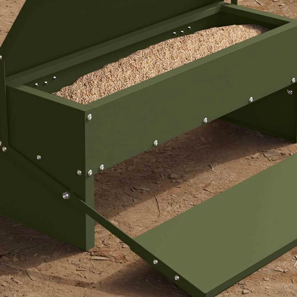 Comedero para patadas de pollo de acero laminado en frío, color verde oliva, 48,5 x 39,5 x 19 cm, capacidad de 5 kg, resistente a la intemperie, para interior y exterior, comedero automático