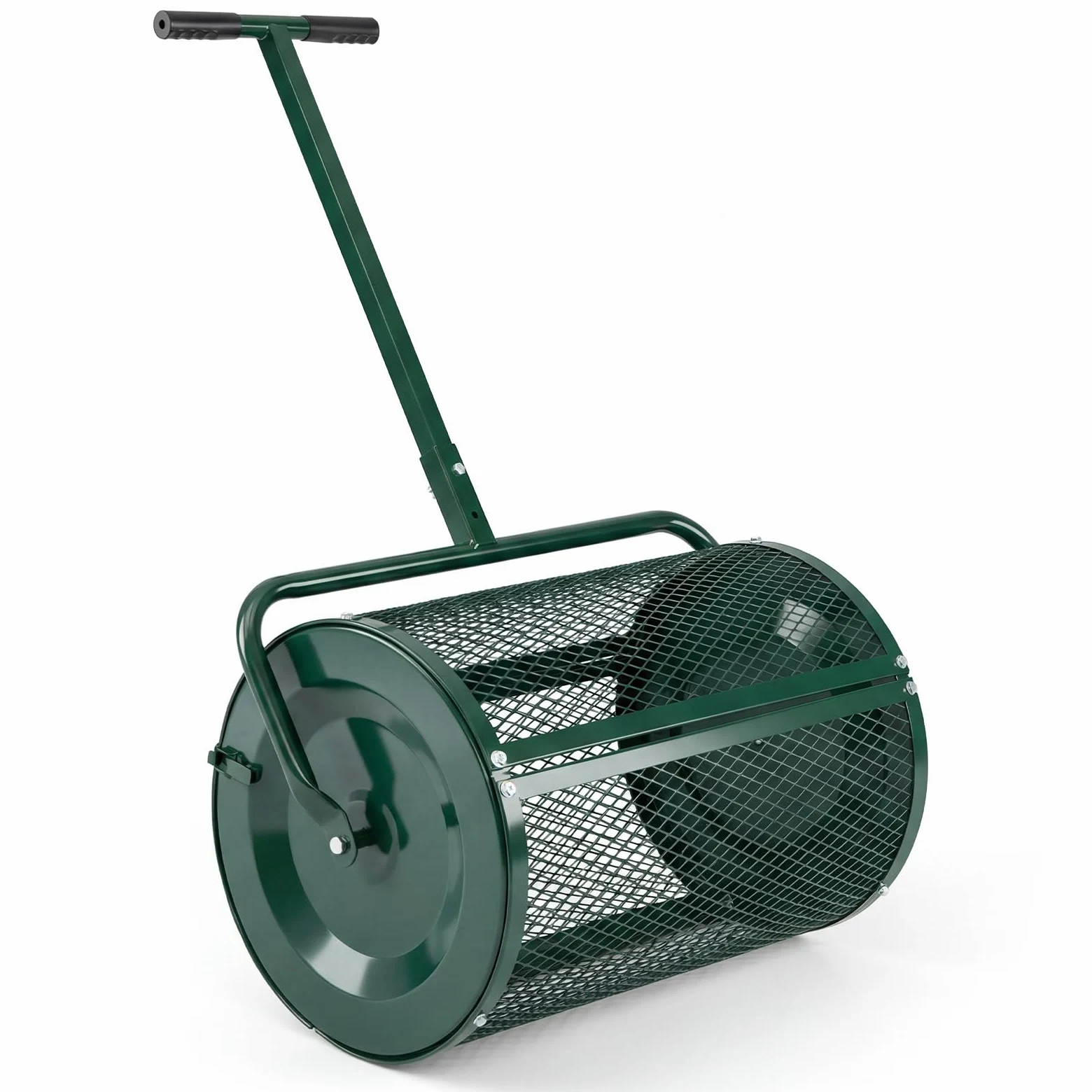 GYMAX Esparcidor de Semillas de Césped, Esparcidor de Abono con Mango de 2 Alturas Ajustables, Estructura de Metal Resistente, Bloqueos Laterales, Dispensador de Compost para Jardín (Verde)