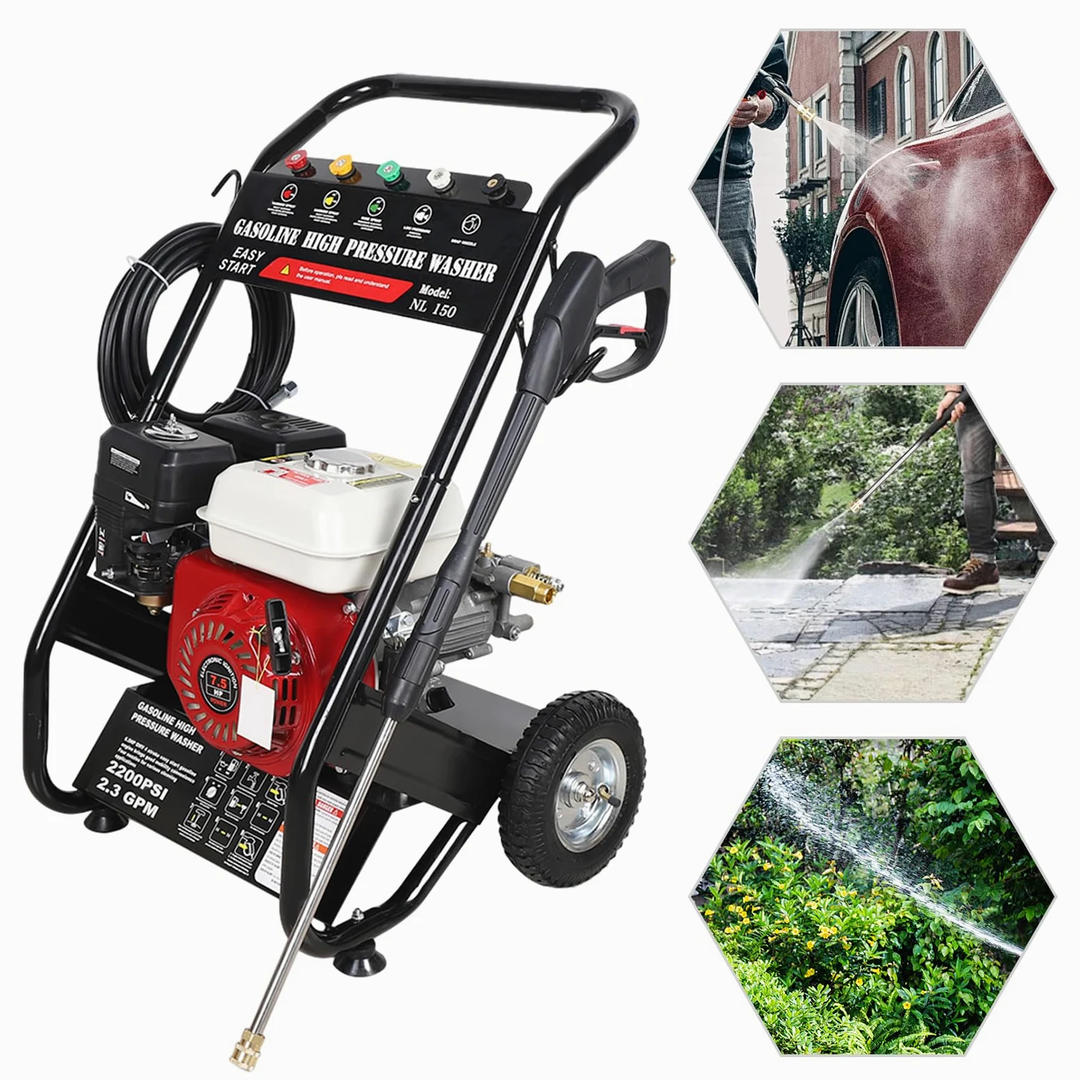Limpiador de alta presión de gasolina de 4 tiempos, 7,5 HP, 2200 PSI, limpiador profesional para coche y terraza con 5 boquillas seleccionables, barra de extensión y manguera, arranque manual de
