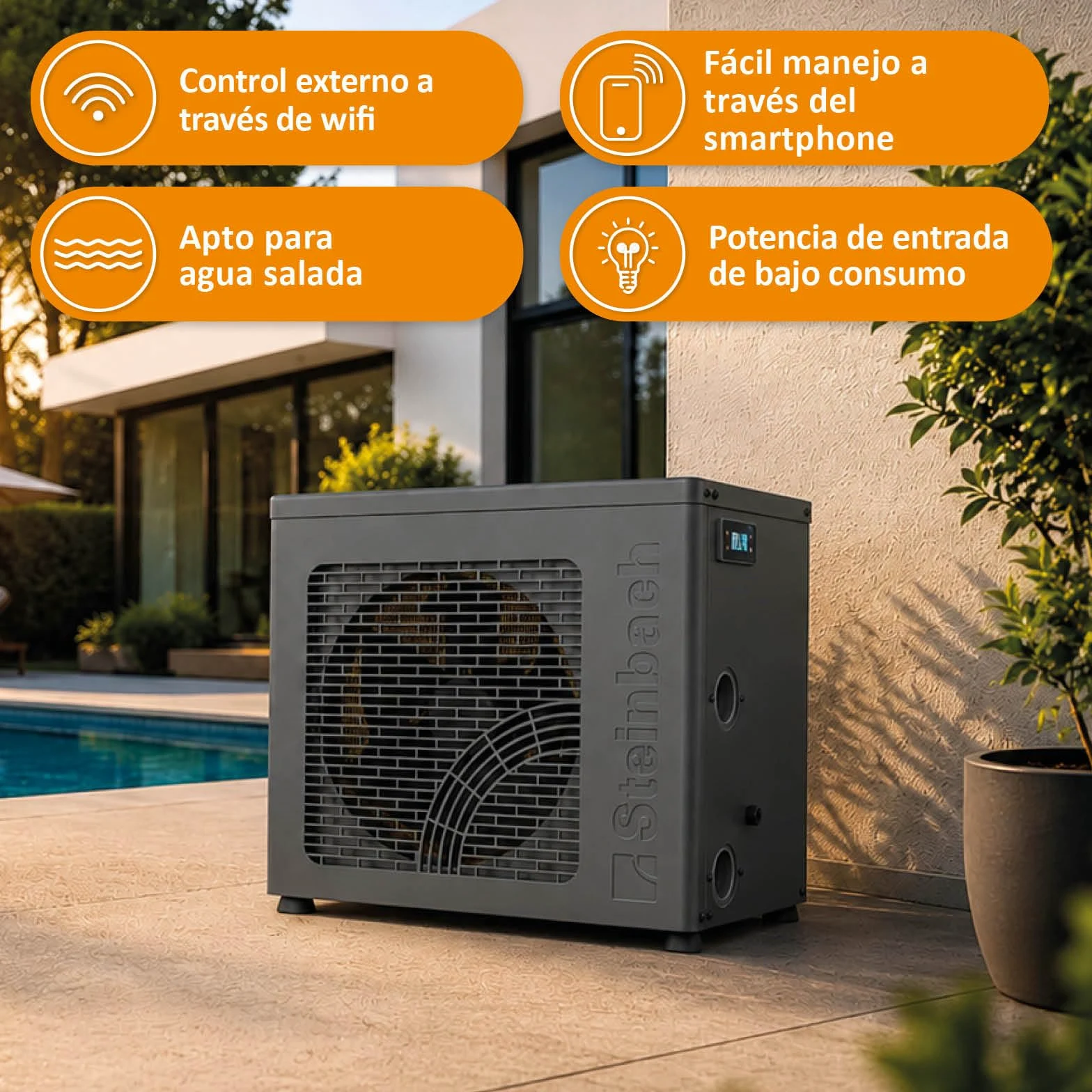 Steinbach Startis Style 049400Z - Bomba de Calor para Piscina de hasta 20.000 L 4,3 kW con Control por aplicación WiFi, Segura para Agua Salada, refrigerante R290 eficiente