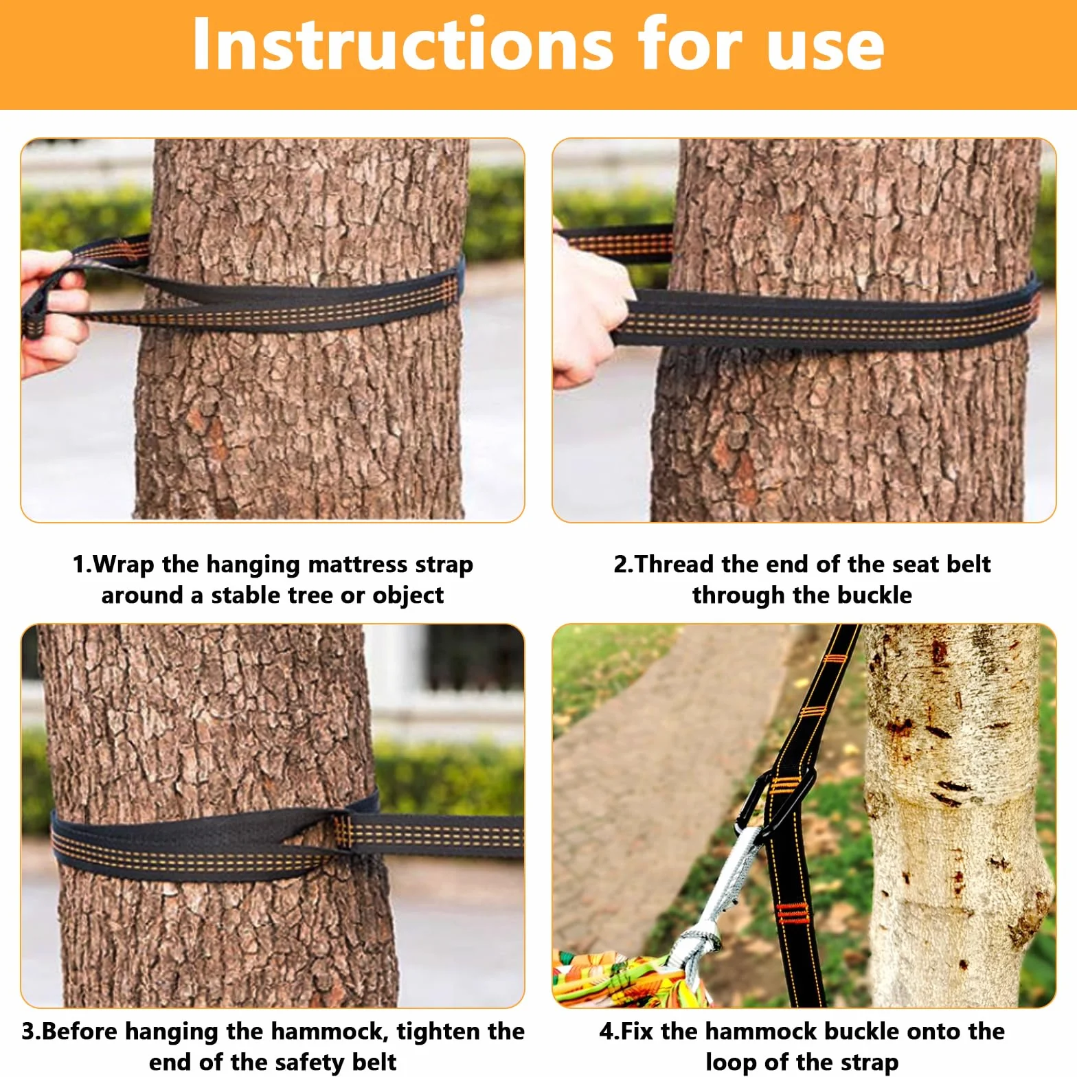 2 Piezas de árbol para Hamaca, Correas de suspensión para Columpio de 2,5 m, Kit de Correas de suspensión para Hamaca de Exterior para Silla Colgante de Camping + 3 mosquetones, máx. 200 kg