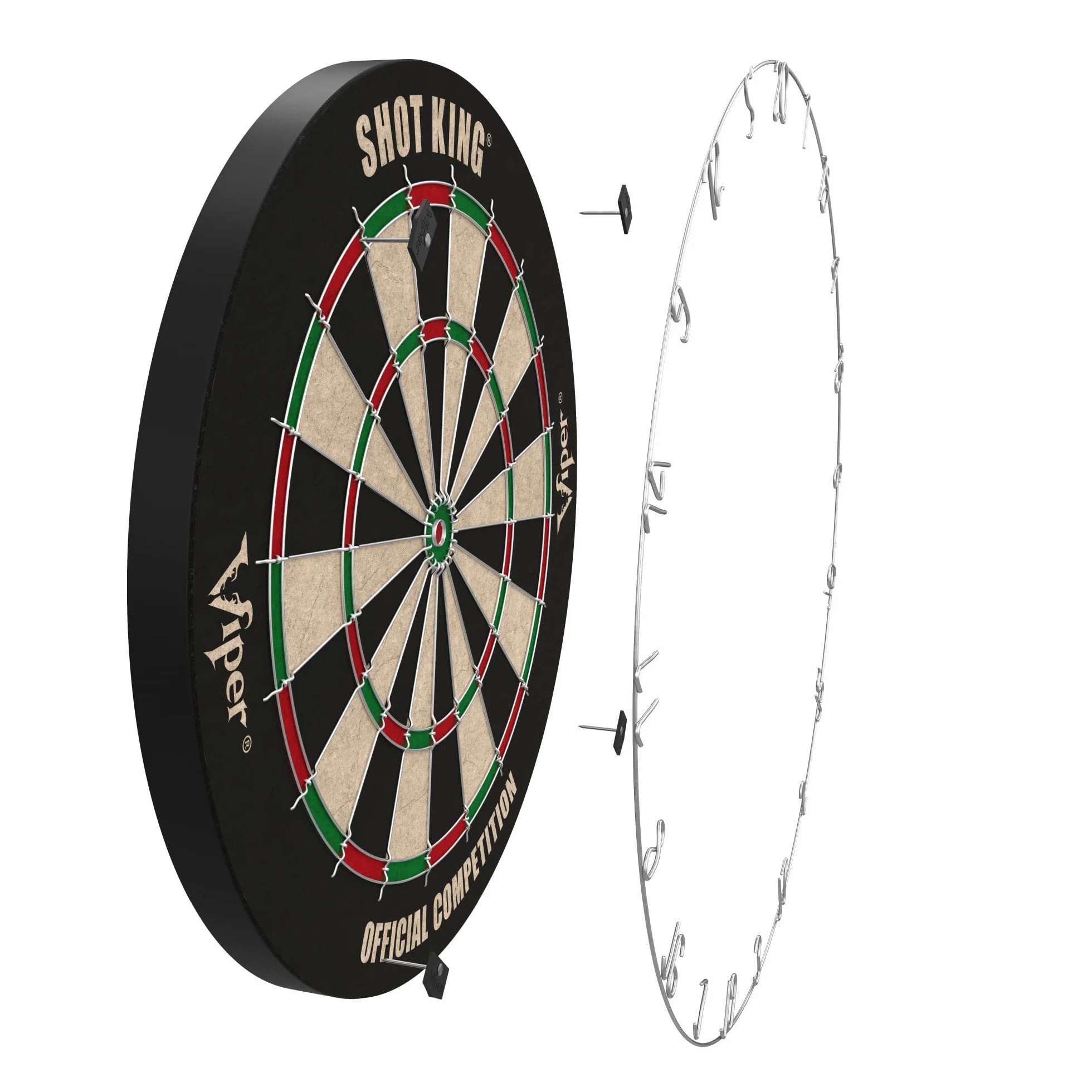 Shot King Regulation Bristle Steel Tip Dartboard Set 17.75 Inch Staple-Free Bullseye Galvanized Metal Spider Wire 6 Darts