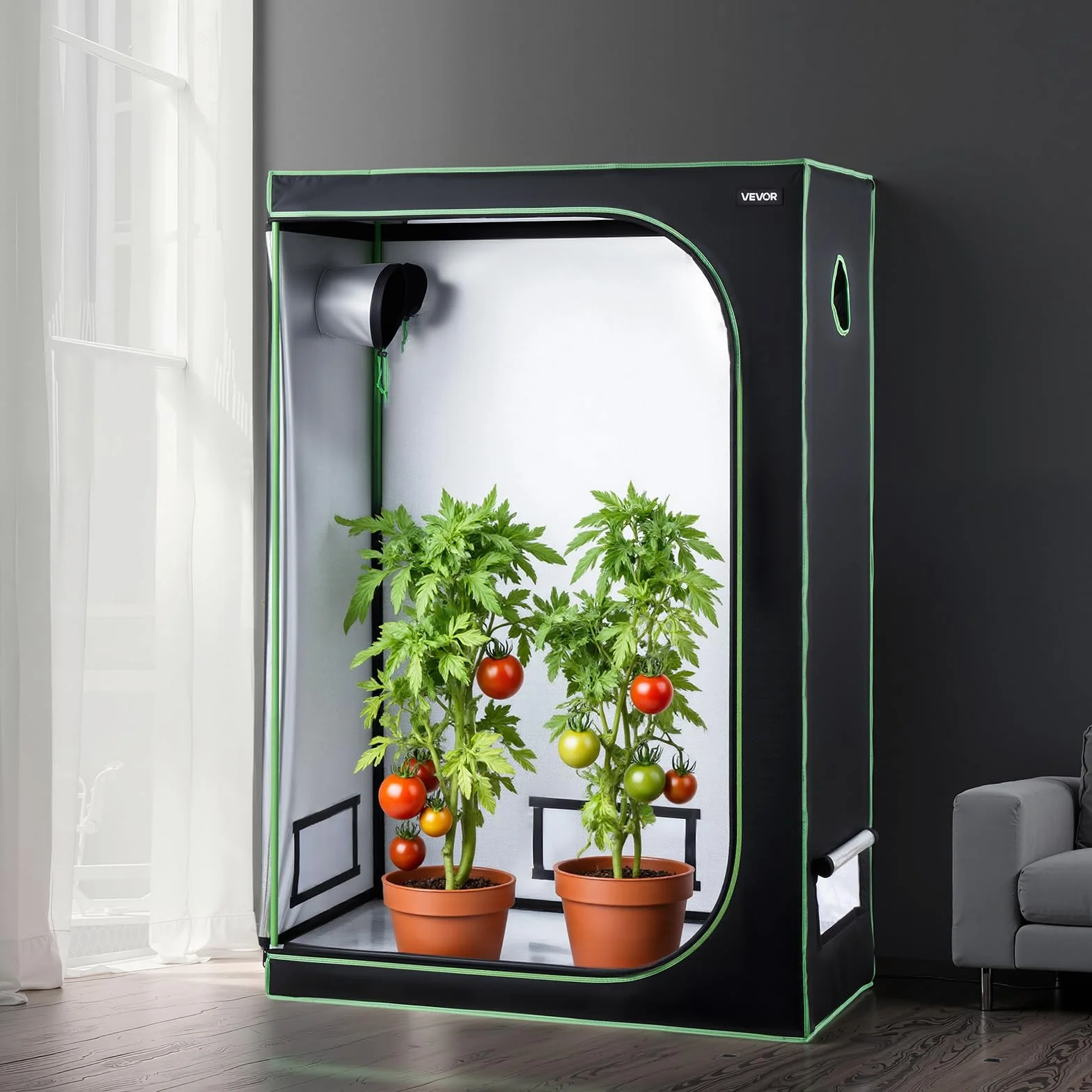 VEVOR Armario de Cultivo Interior 120x60x180 cm, Carpa de Cultivo con Ventana de Observación, Bandeja de Suelo y Cremallera, Mylar 600D de Alta Reflectancia, Tienda para Plantas, Flores, Verduras