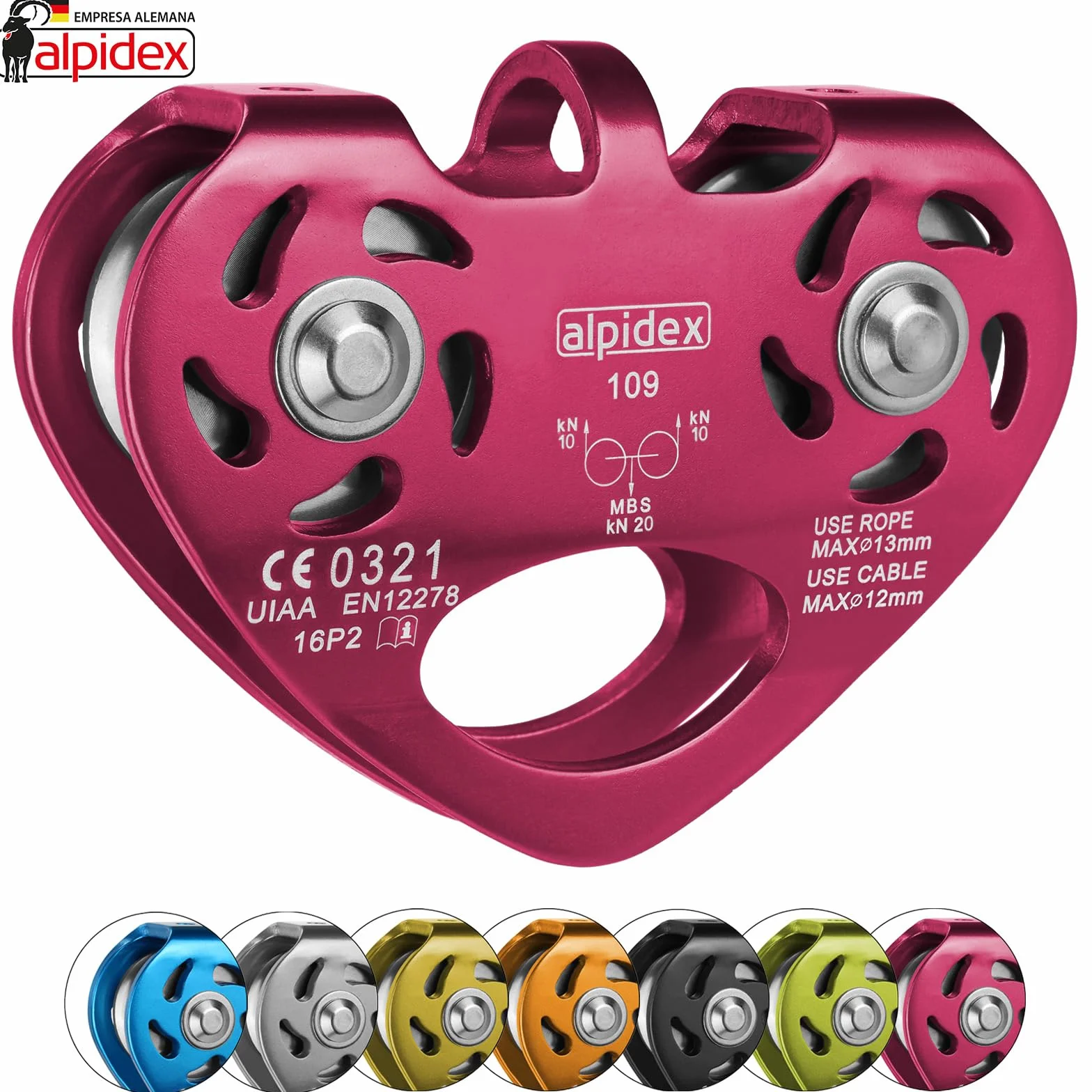 ALPIDEX polea de reenvío 20 kN Tandem Pulley para cuerdas textiles 13 mm cables 12 mm EN12278