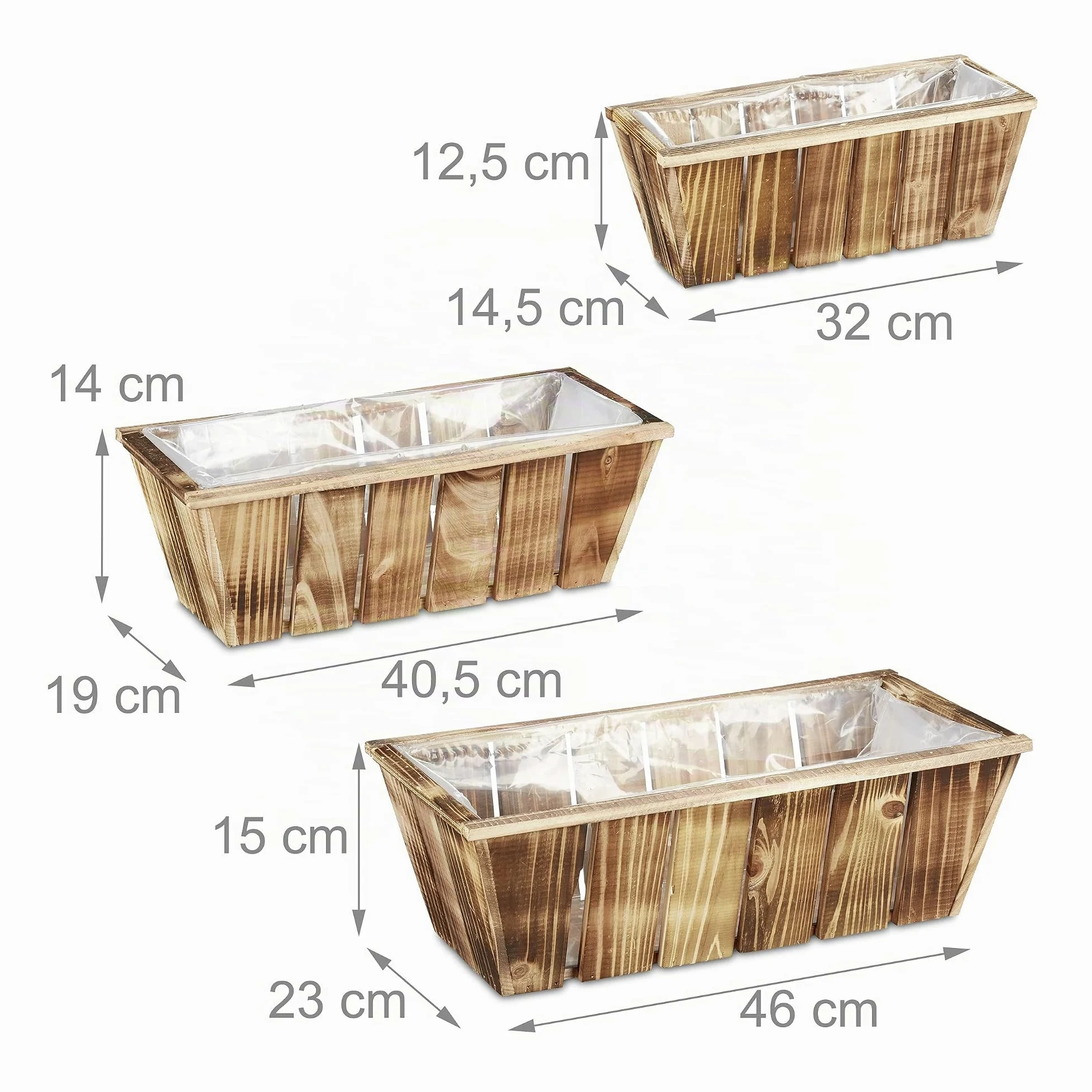 Relaxdays Pack de 3 Macetas de Madera, Jardineras, 3 Tamaños, Tiestos Flores, Interior y Exterior, con Plástico, Marrón