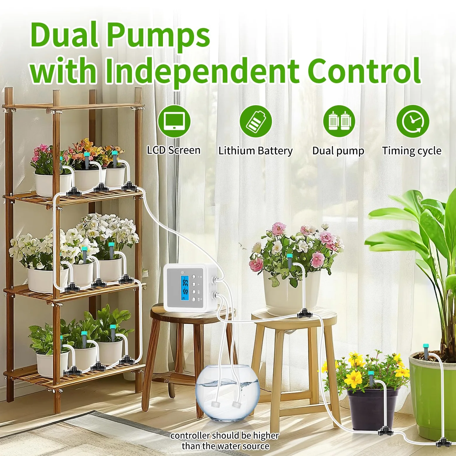 Sistema de riego automático inteligente de plantas para 20 macetas, kit de riego por goteo para interiores de doble bomba con temporizador programable de 30 días y carga USB-C