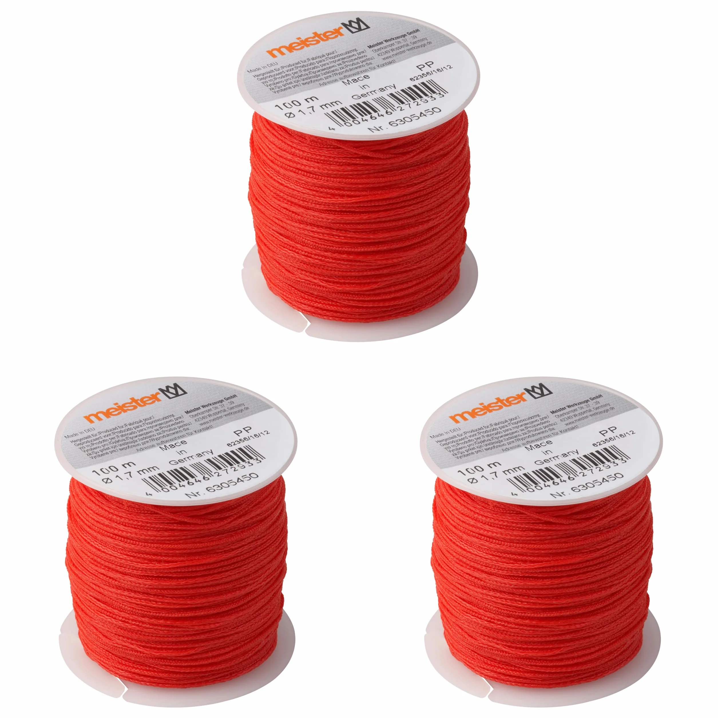 Meister 6305450 - Cuerda para albañilería (3 Unidades, 100 m de Longitud, 1,7 mm de diámetro, Trenzado de Polietileno, Resistente a los Nudos, Resistente al desgarro y Duradero, en Bobina/línea de