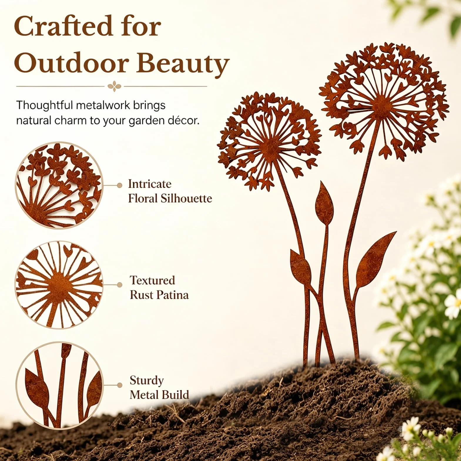 Juego de estacas de jardín de Metal Oxidado, estacas Decorativas de Diente de león, estacas de Flores de Primavera, decoración de jardín Exterior Resistente a la Intemperie