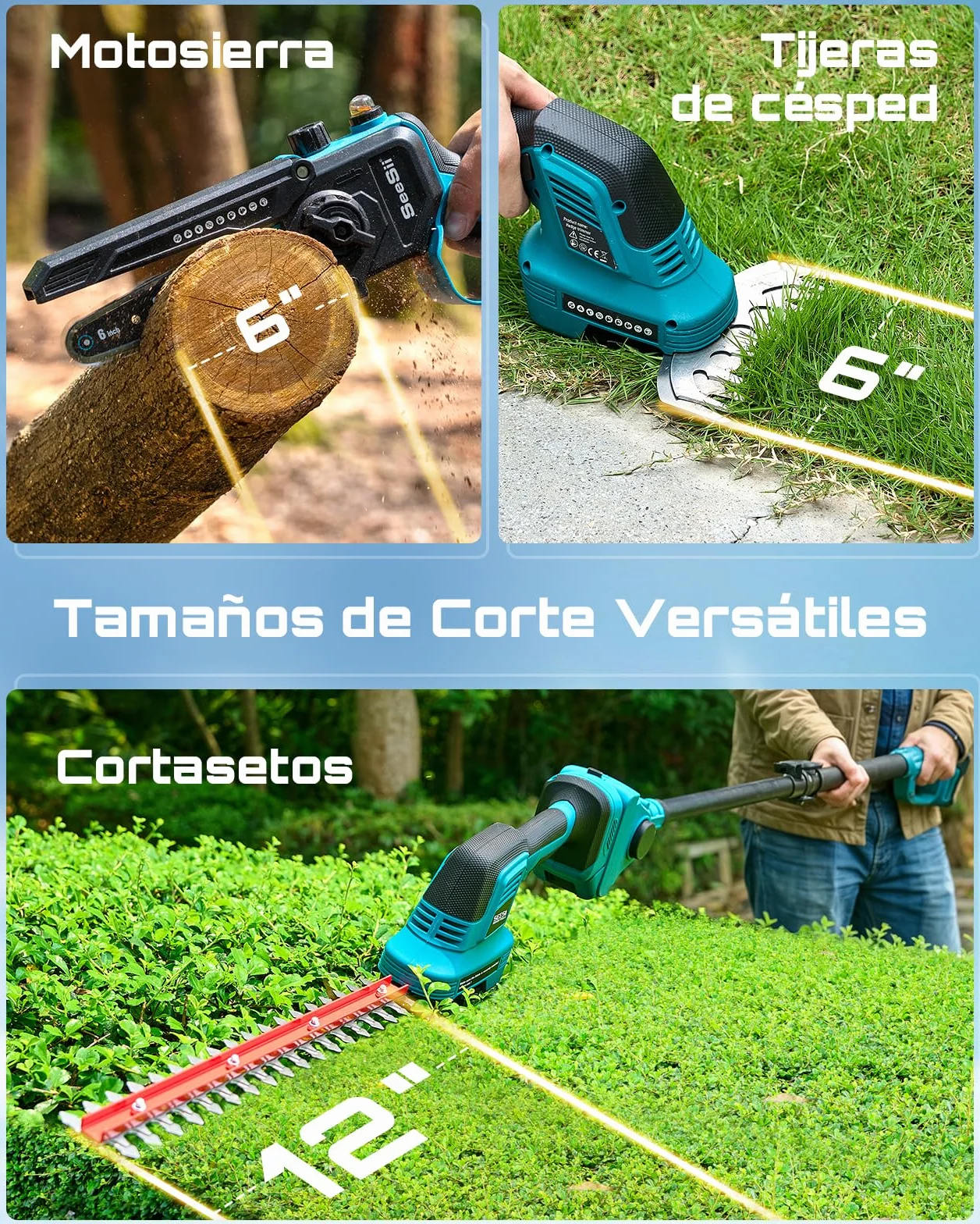 SEESII 6-en-1 Mini Motosierra y Cortasetos a Batería, con 2 * 4000mAh Baterías, Motosierra Electrica con Pértiga Telescópica, Alcance Máximo de hasta 4,57 m, con 30 ml Tanque de Aceite