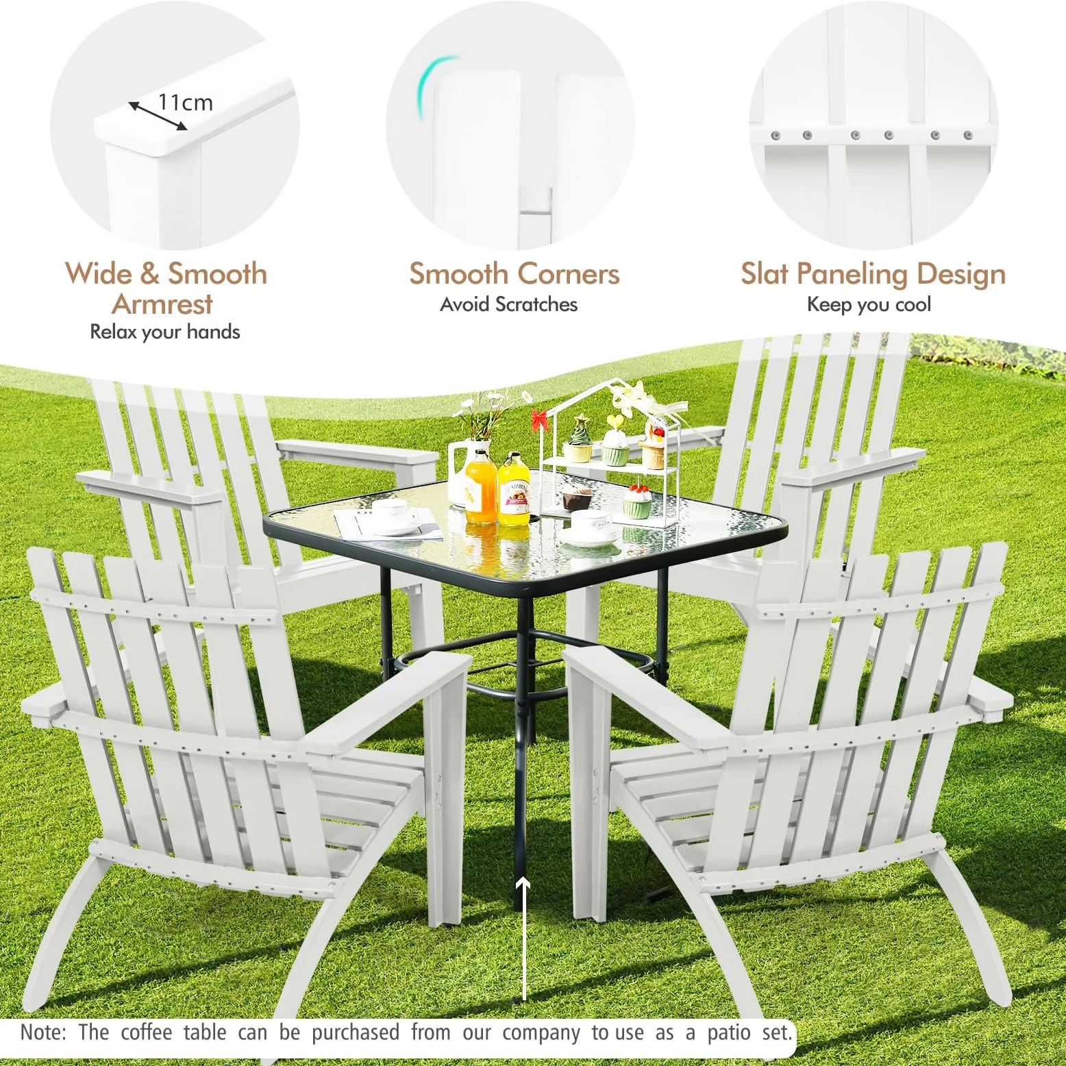 KOMFOTTEU Silla Adirondack de Madera de Acacia, Silla de Jardín con Respaldo y Reposabrazos, Sillón Ergonómica con Carga de hasta 160 kg, Silla de Relajación para Balcón, Terraza (Blanco)