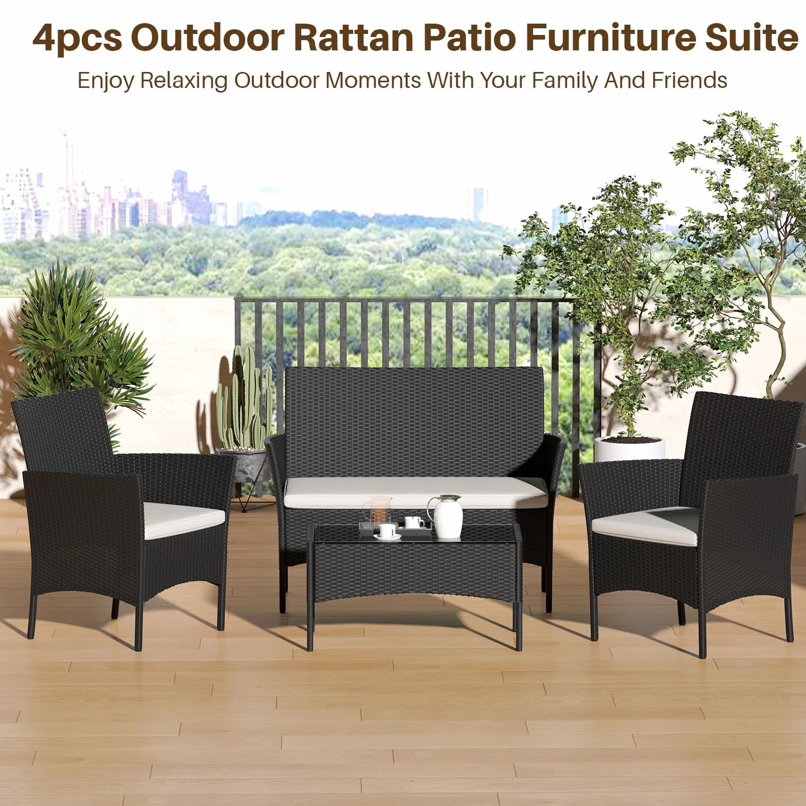 bigzzia Juego de muebles de jardín, salón de ratán, 4 asientos con mesa, 2 sillones y sofá de 2 plazas, negro