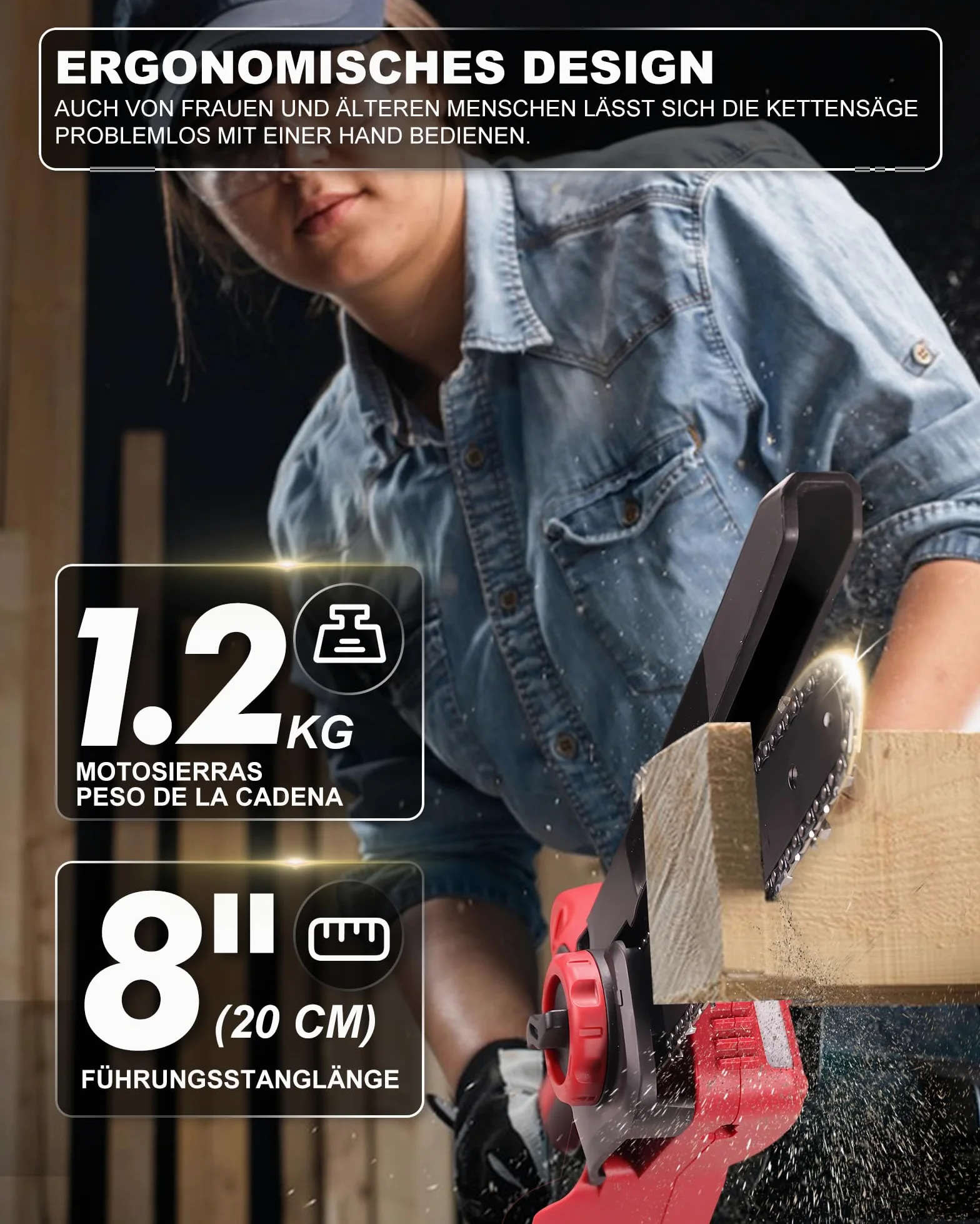 Motosierra con batería de 8 pulgadas, mini motosierra con aceite automático y cadena de repuesto, motosierra inalámbrica compatible con Makita 、Einhell 、bosch baterías de 18 V para jardín
