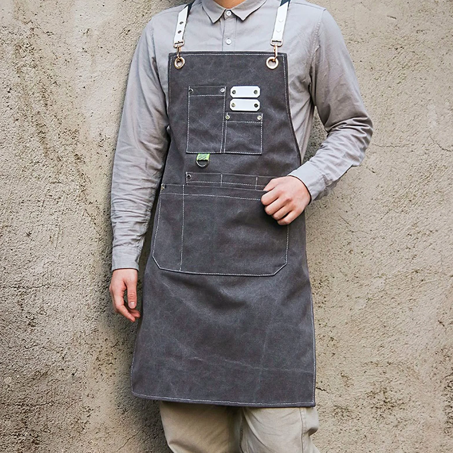 Delantal de Mezclilla para Trabajo, Ropa de Trabajo para Hombres y Mujeres, peluquería, Tienda de té, floricultura, Restaurante, Cocina y repostería (Gris)