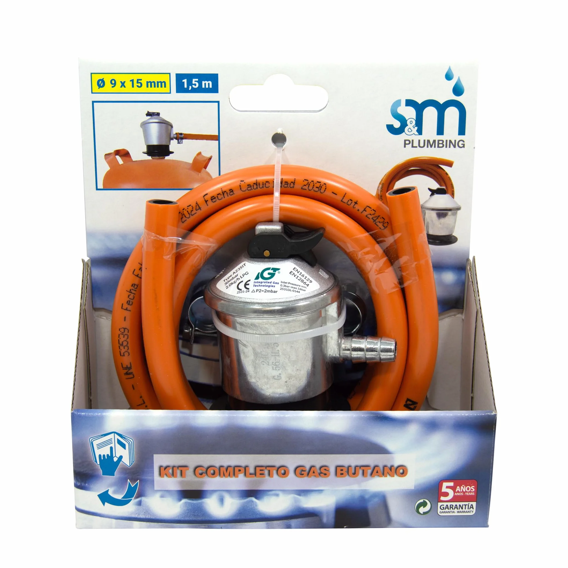 S&M 321771 - Kit completo butano: Regulador de gas butano + Tubo Goma 1,5 metros + 2 abrazaderas de seguridad | Homologado para España | Apto para cocinas, estufas, calderas y barbacoas