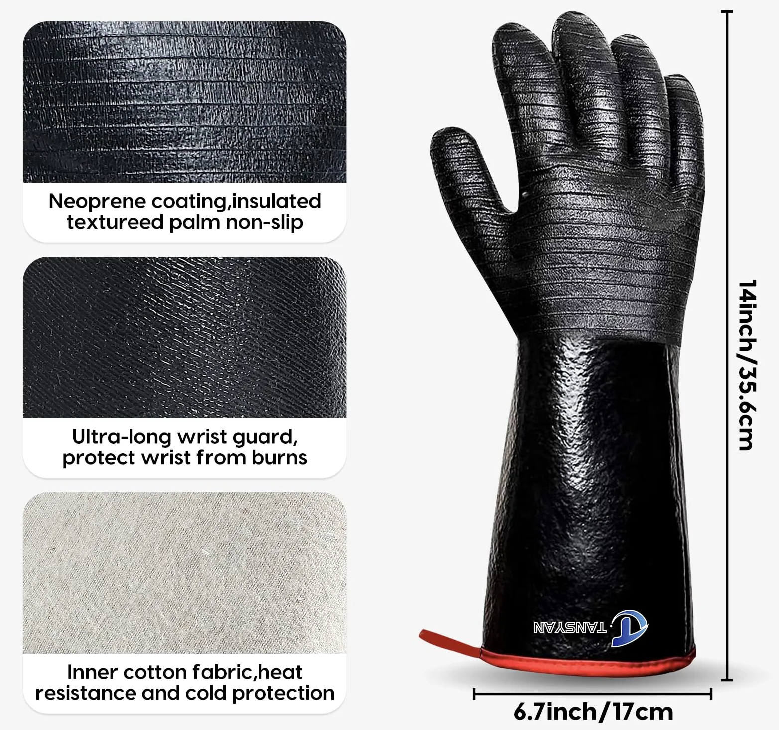 Guantes de barbacoa, guantes resistentes al calor extremo a 500.0 °C para parrilla, barbacoa, guantes impermeables de manga larga para freidora, horno, ahumador, revestimiento de neopreno