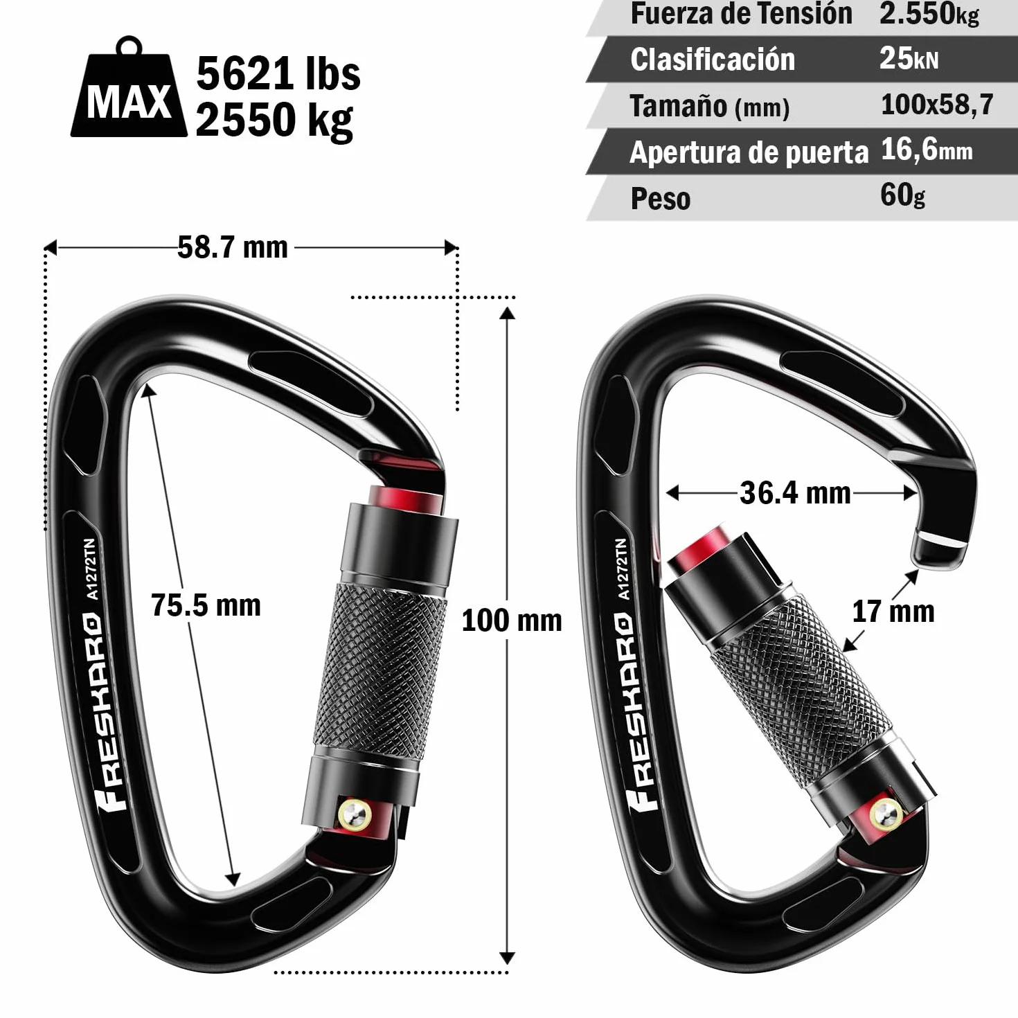 FresKaro Mosquetón de Escalada 25kN Twistlock Grande 10cm Cierre Rápido Resistente 2550kg