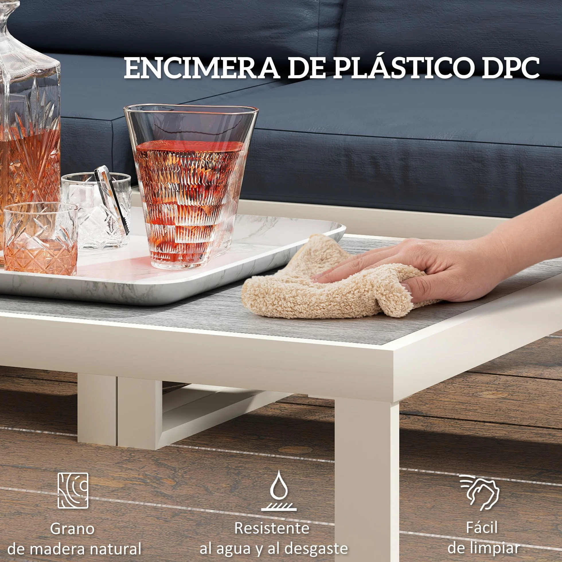 Outsunny Conjunto de Muebles Jardín Exterior de 4 Piezas Sofá Exterior Seccional Forma de L con 2 Sofás de 2 Plazas Sofá de Esquina con Asiento Ajustable y Mesa Centro de DPC con Cojines Beige y Gris