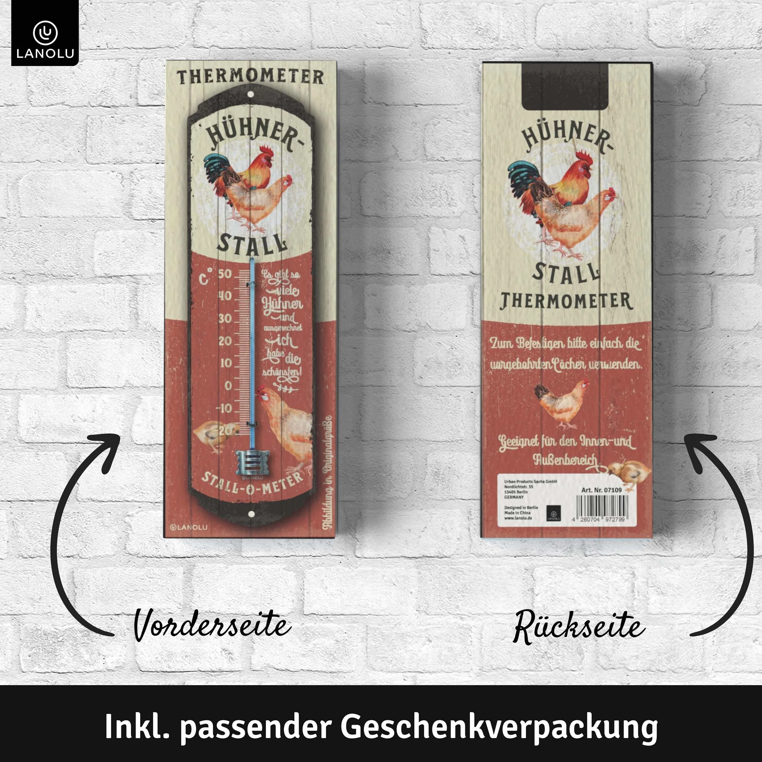 LANOLU Cartel de chapa retro con forma de gallinero, termómetro, analógico, para decoración de gallinas, establo de jardín, cartel vintage, cartel de chapa de pollo – amantes de los pollos regalos