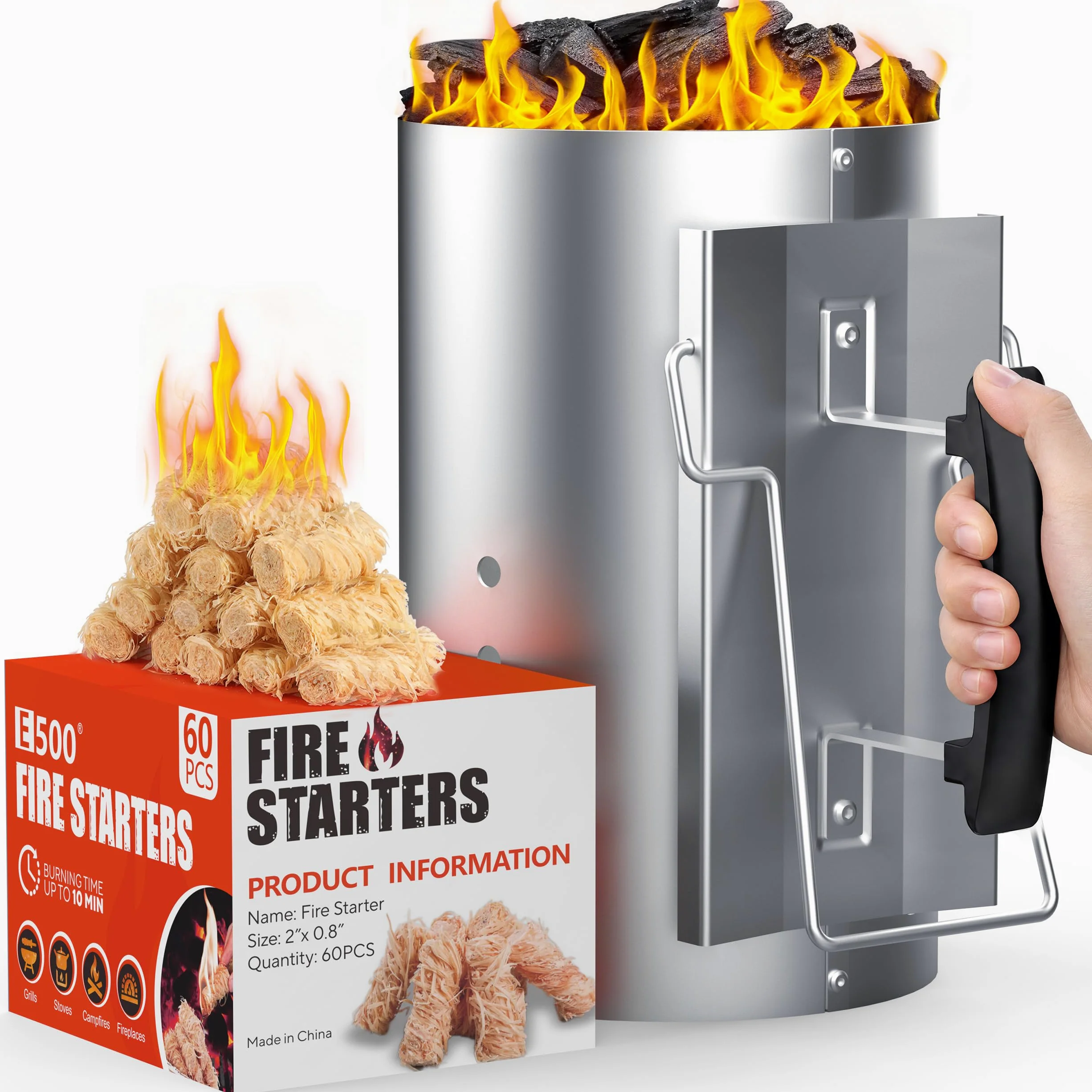 E500 Arrancador de chimenea de carbón más grande con 60 piezas de iniciador de carbón, arrancador de chimenea de carbón para parrilla, kit de iniciación de fuego para barbacoa
