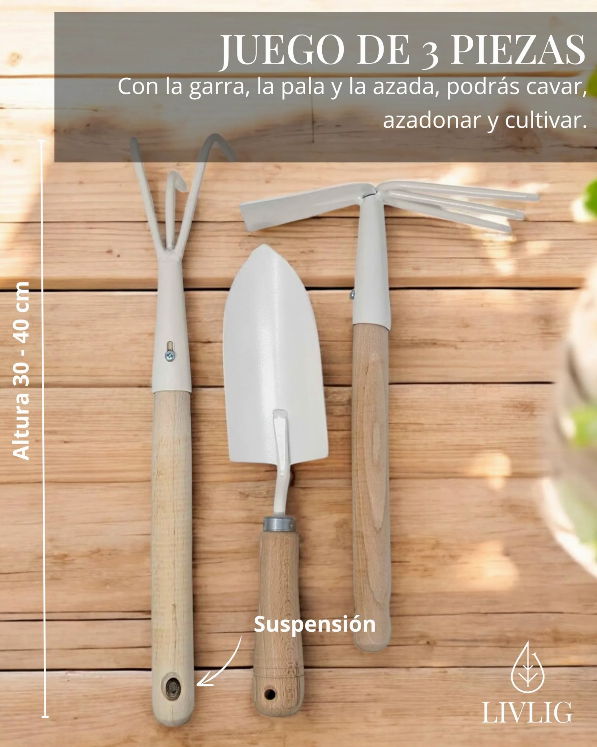 LIVLIG Juego de herramientas de jardín, juego de herramientas de jardín compuesto por pala, rastrillo, azada con tenedor, mango de madera de roble