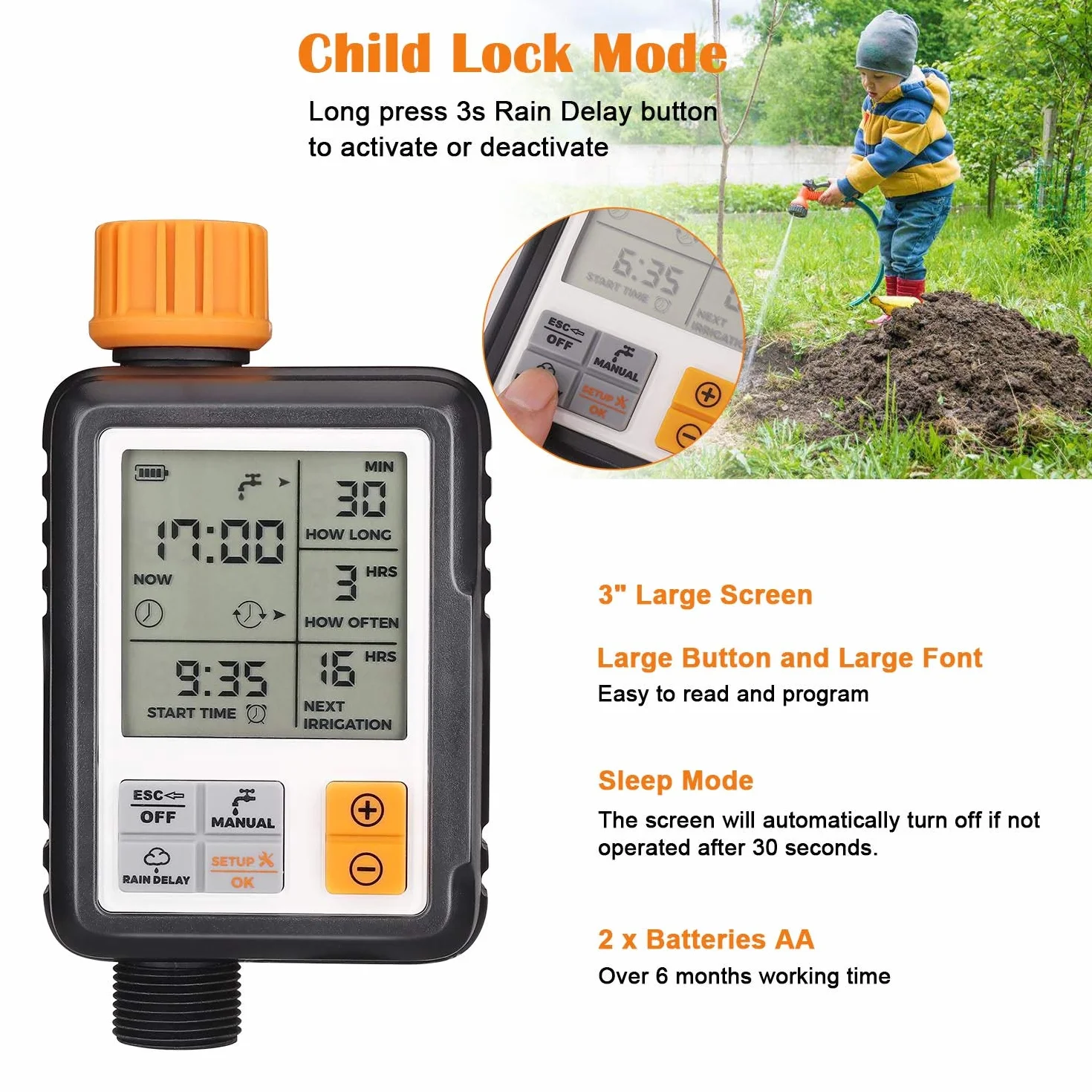 Johgee Temporizador de Riego Automatico Jardín, El Acoplamiento de Grifo de Agua ½ y ¾ Son Aplicables, Programa de Memoria Permanente, Programador de Riego Automático con Pantalla 3 ” LCD