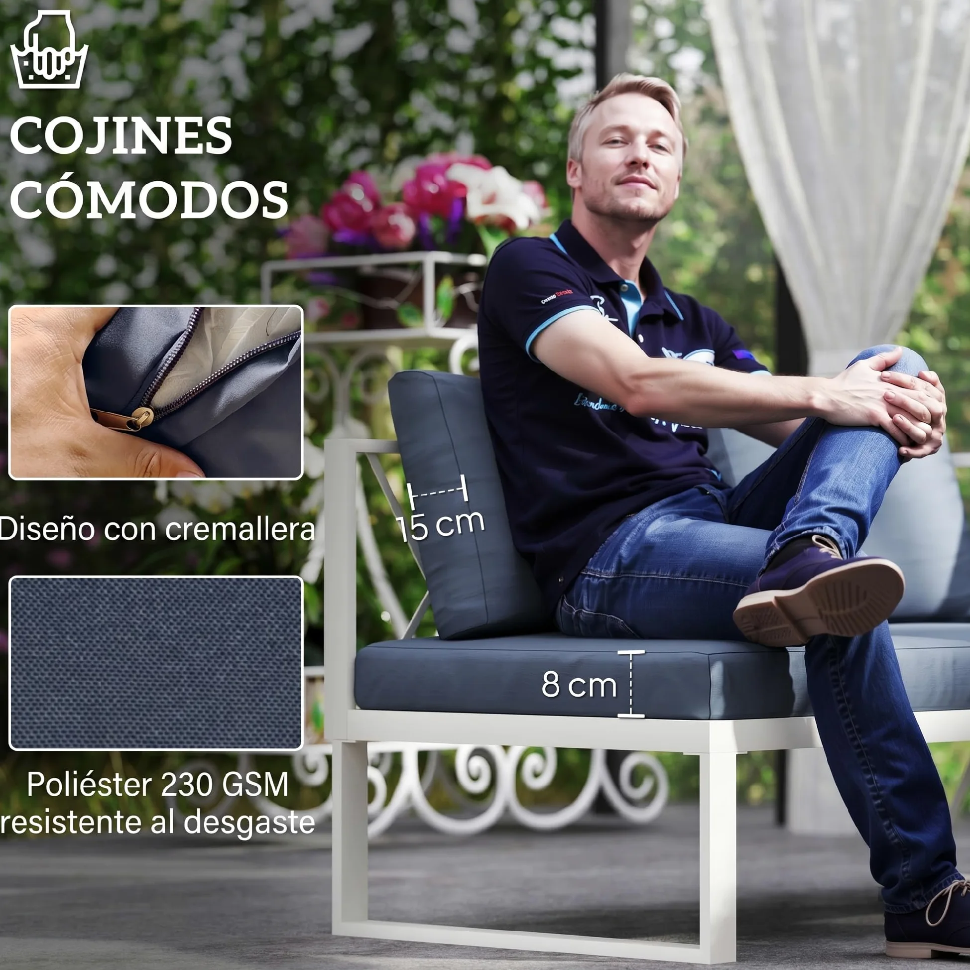 Outsunny Conjunto de Muebles de Jardín Exterior de 4 Piezas Sofá Seccional Exterior Forma de L con Sofá de Esquina y 2 Sofás de 2 Plazas con Mesa de Centro DPC Asiento Regulable y Cojines Beige y Gris