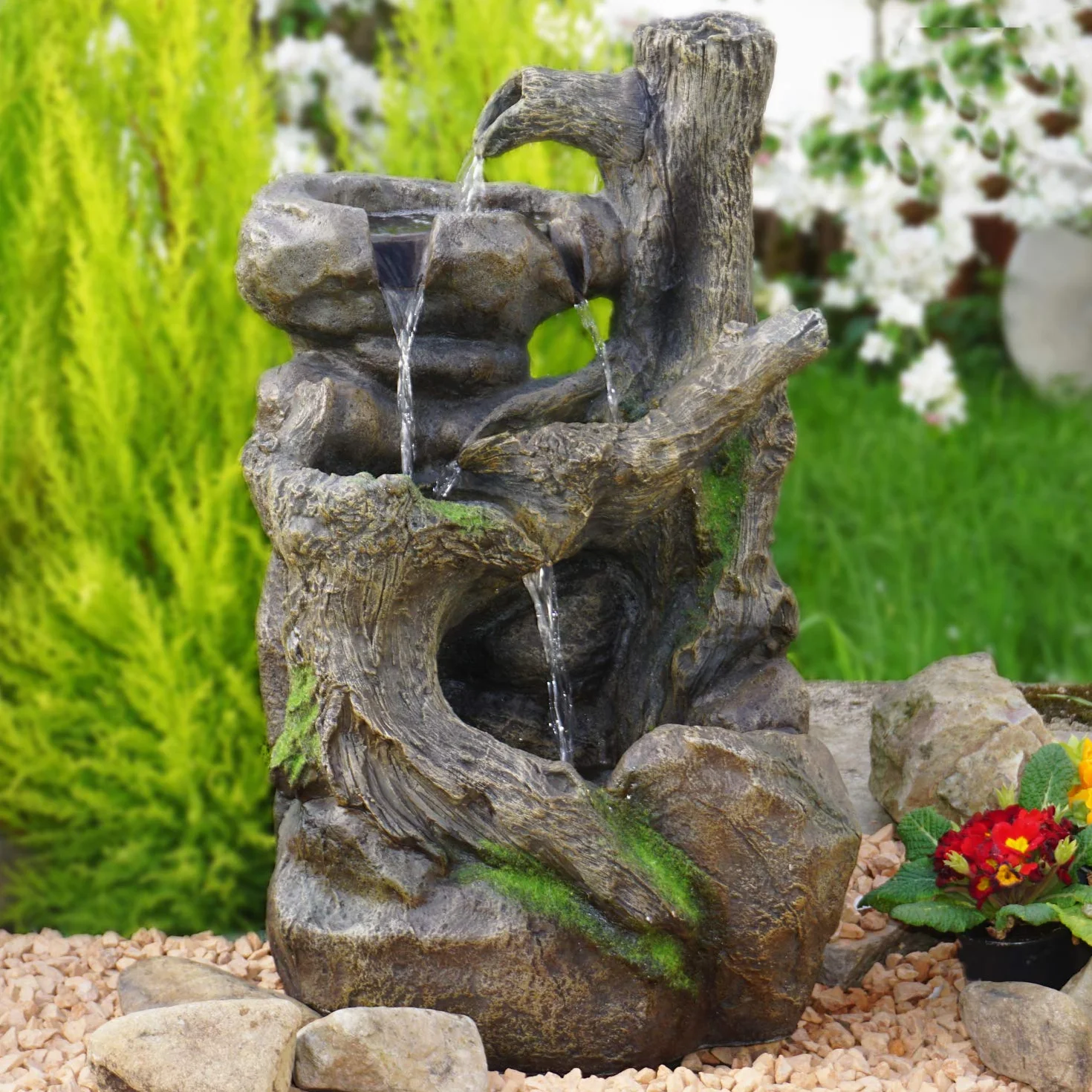 Fuente de Agua Fuente en Cascada Fuente Ornamental Raiz de arbol Fuente de Fuente de Jardin para Jardin, terraza, Balcon con Bomba de Agua y luz LED
