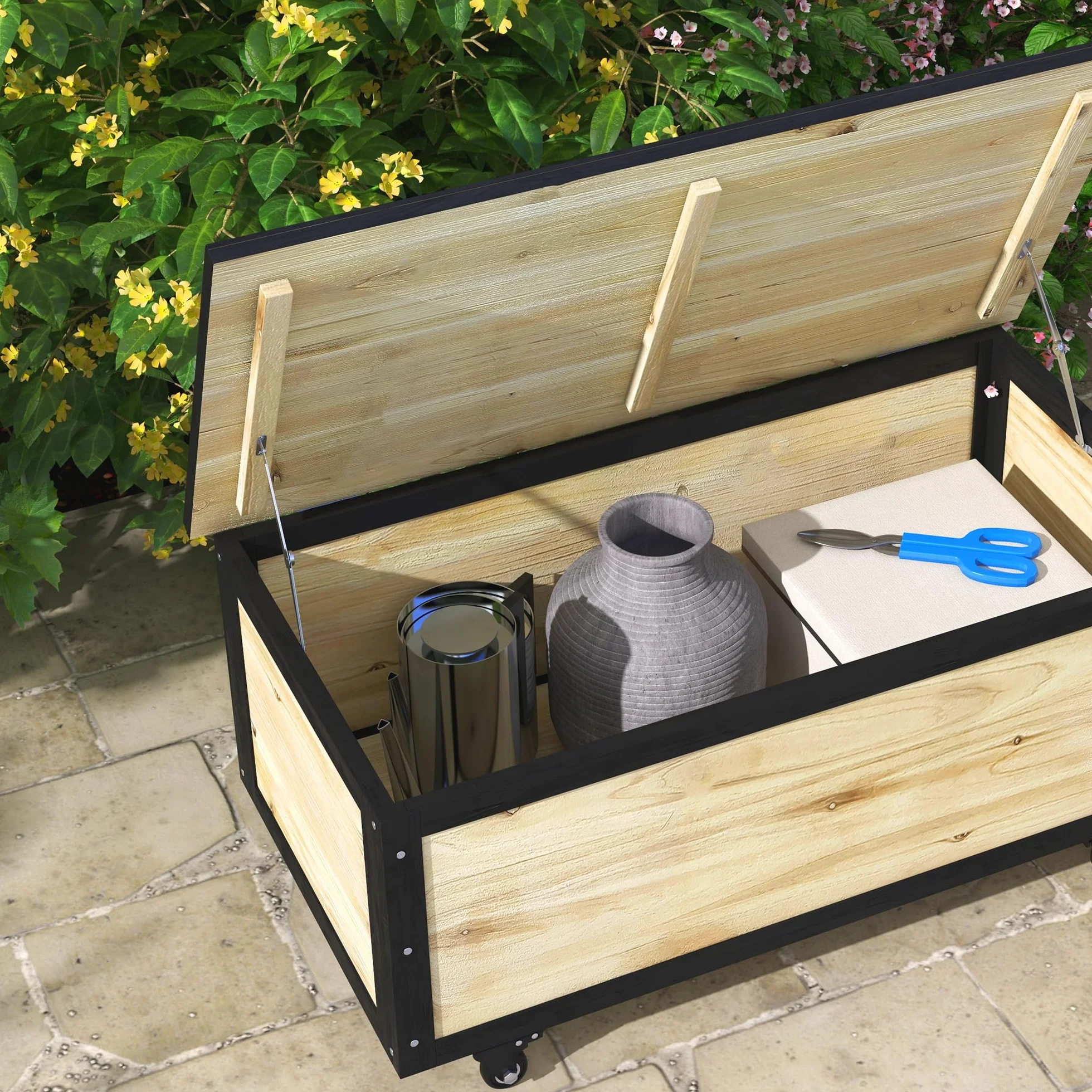 Outsunny Baúl de Exterior 121L Arcón Almacenaje de Madera con 4 Ruedas para Jardín Patio Balcón 100x50x43 cm Natural y Negro