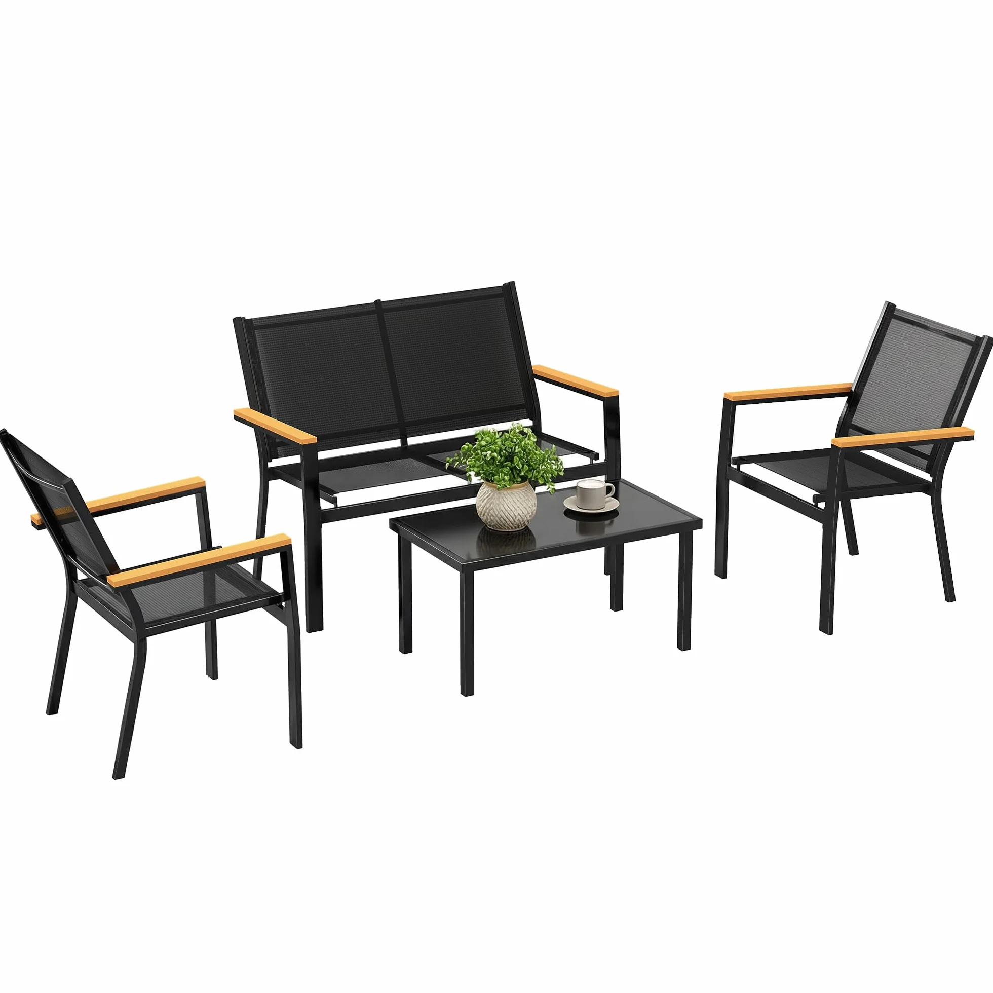Outsunny Conjunto Jardín Exterior de 4 Piezas, Sofá 2 Plazas, Sillones, Mesa Cristal Templado, Textilene