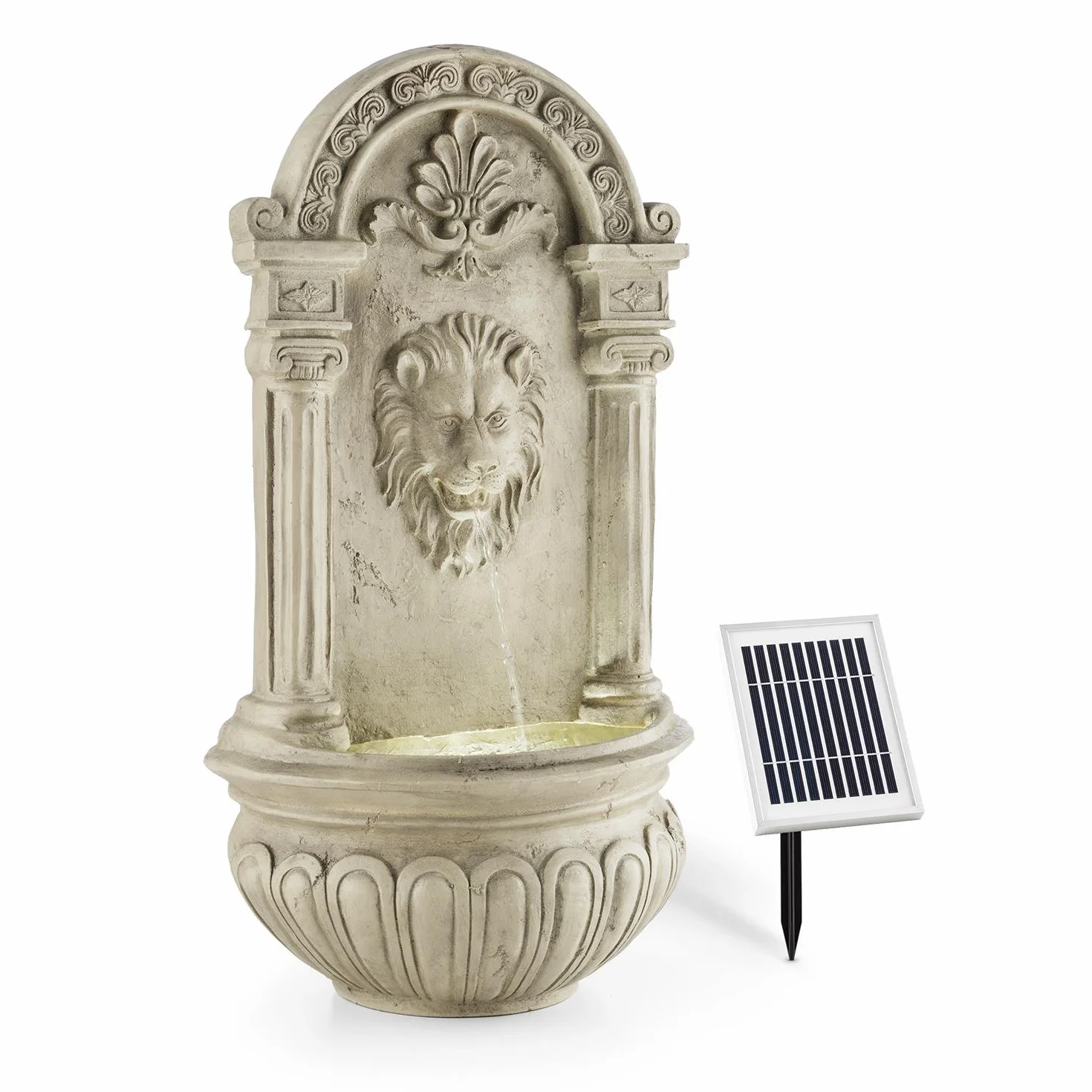 Blumfeldt Löwenstein - Fuente de Pared, Fuente de jardín Ornamental, Decorativa, Panel Solar y Batería Recargable: 2000 mAh, Diseño Antiguo, Sensor de luz, Gris