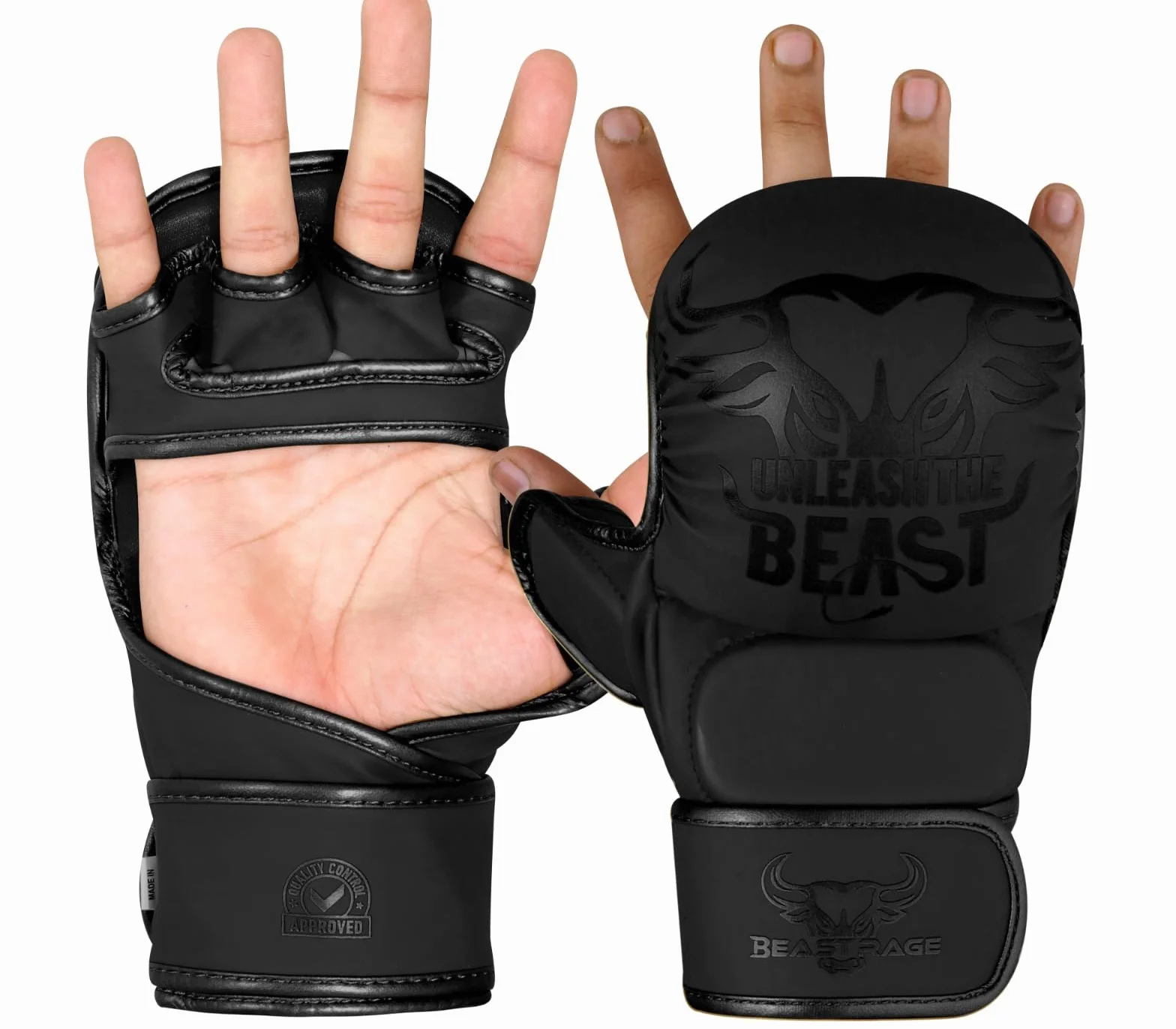 BEAST RAGE Guantes de MMA con Soporte de Muñeca Ajustable, Palma Abierta para Muay Thai y Combate