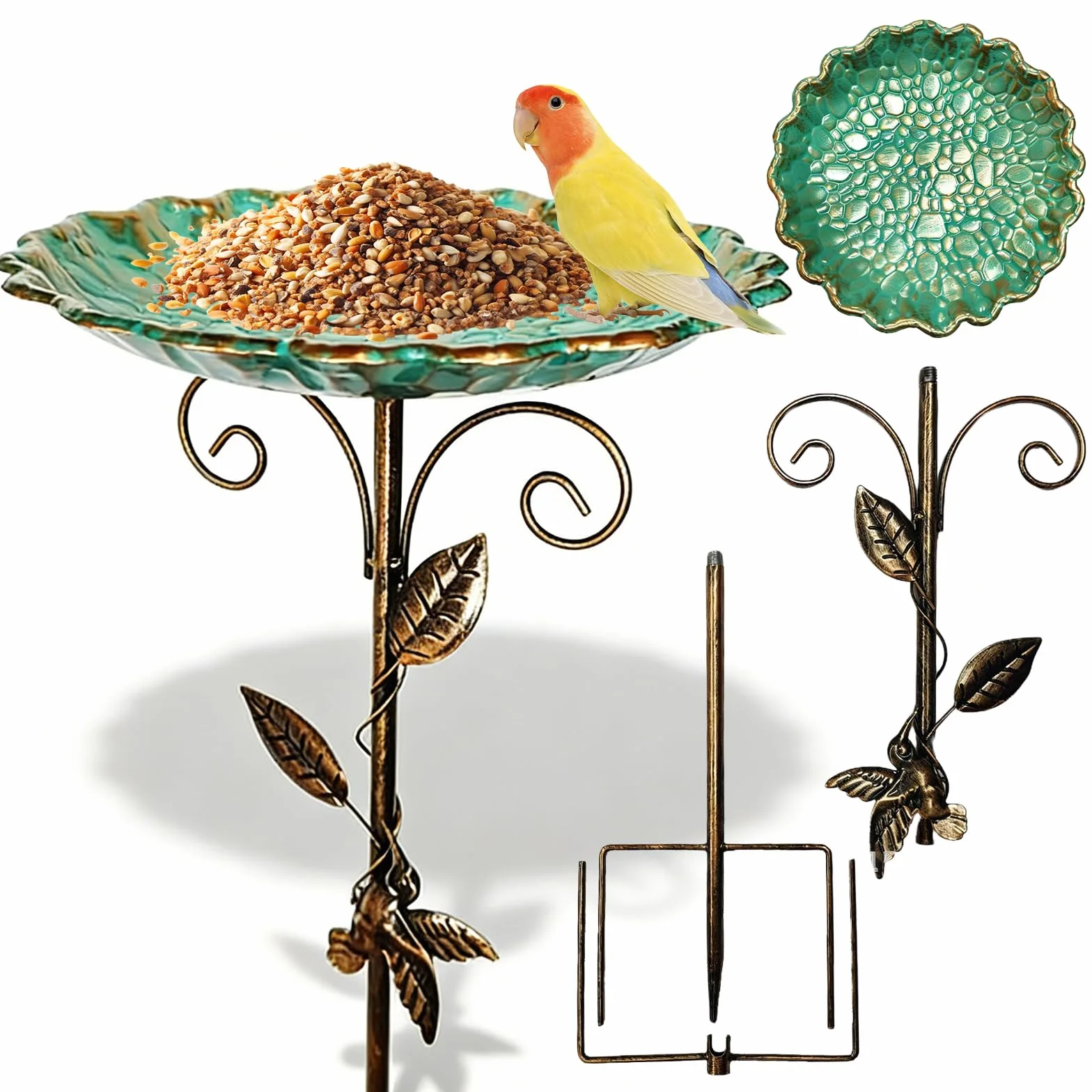 GOMETY Bebedero para pájaros de pie, para jardín, resistente al invierno, de metal, resistente a las heladas, para exteriores, 2 en 1, bebedero para pájaros y comedero para aves silvestres, 77 cm