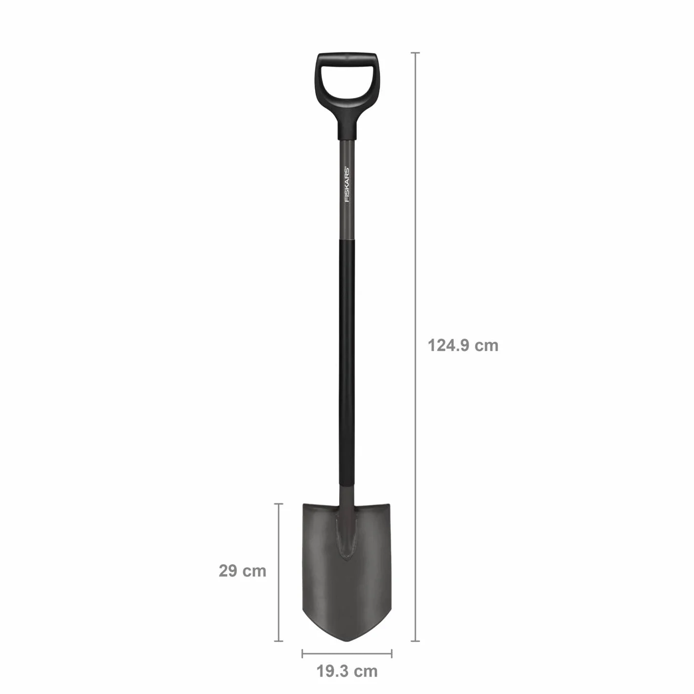 Fiskars Pala de jardín, Puntiaguda, Pala para terrenos duros y pedregosos, Longitud: 125 cm, Acero al boro de calidad, Gris/negro, Ergonomic, 1070639