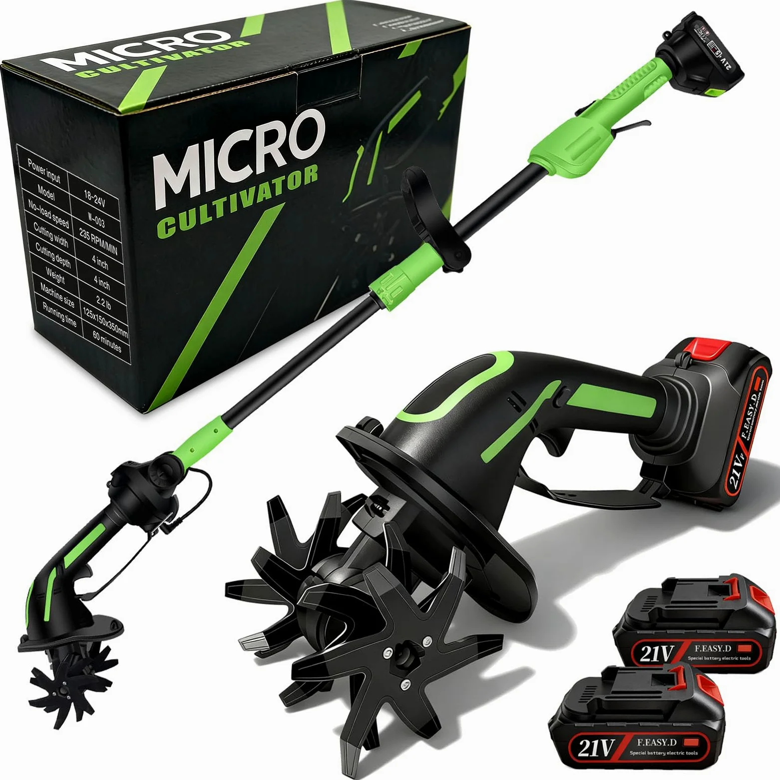 Motoazada Electrica, 21V Motoazada Bateria con 2 Baterías 3000mAh y Mango de 1,3m Motocultor Electrico Escarificador con 4 Cuchillas Metálicas 10cm de Ancho y 10cm de Profundidad de Trabajo 235 RPM