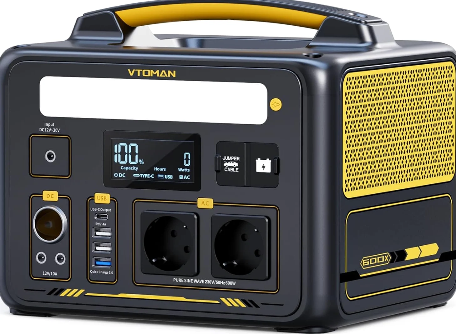 VTOMAN Jump 600X 299Wh Generador Solar, 600W Salida de CA para Apagones | LiFePO4 Batería, Arranque de Coche, Potencia Pico 1200W, LED Linterna, Capacidad Ampliable a 939Wh, Acampadas, Jardín y RV
