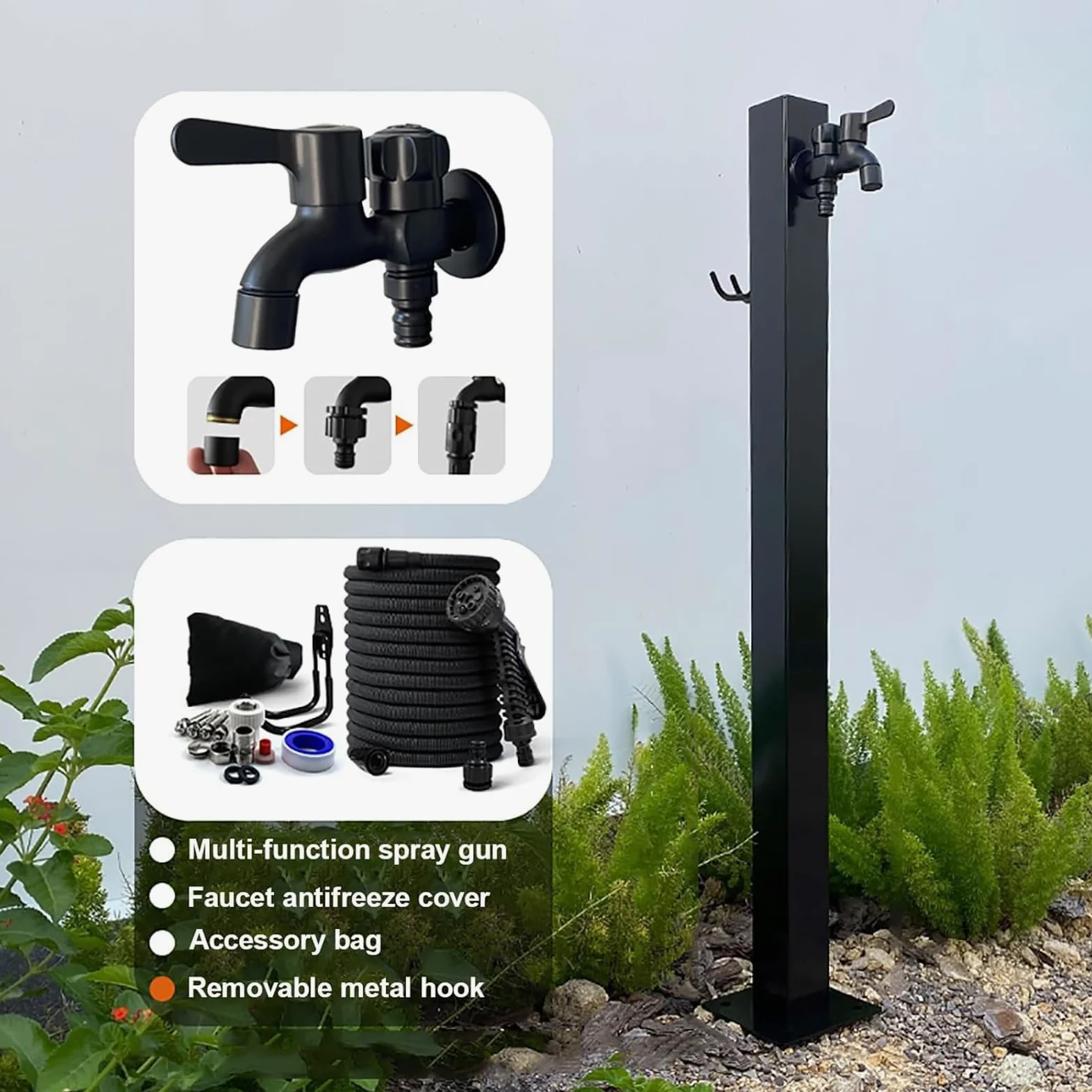 Soporte Independiente de Acero Inoxidable para Manguera de jardín con Grifo de Suelo para Exteriores. Grifo anticongelante con Extensor de Manguera.