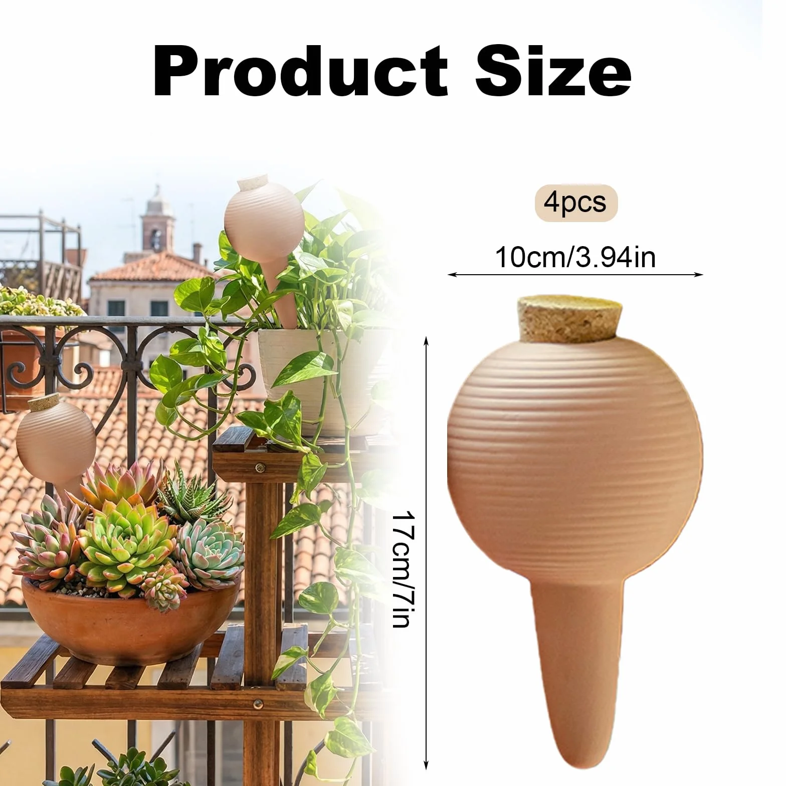 GBKDQQ 4 unidades de riego de conos de arcilla, riego automático de terracota, dispensador de agua de 430 ml con tapón de corcho para plantas de interior, jardineras de balcón
