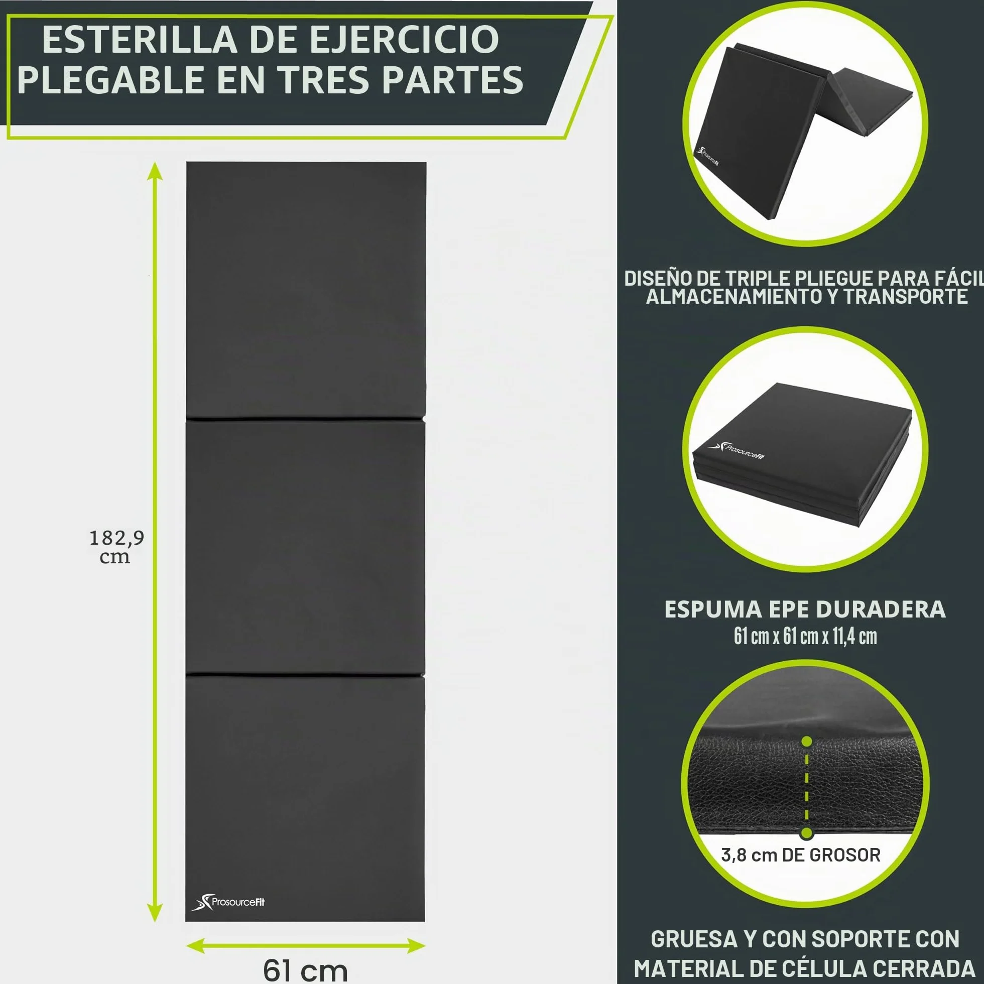 Esterilla de ejercicio plegable de tres pliegues 6x2 pies Prosource Fit con asas de transporte para artes marciales