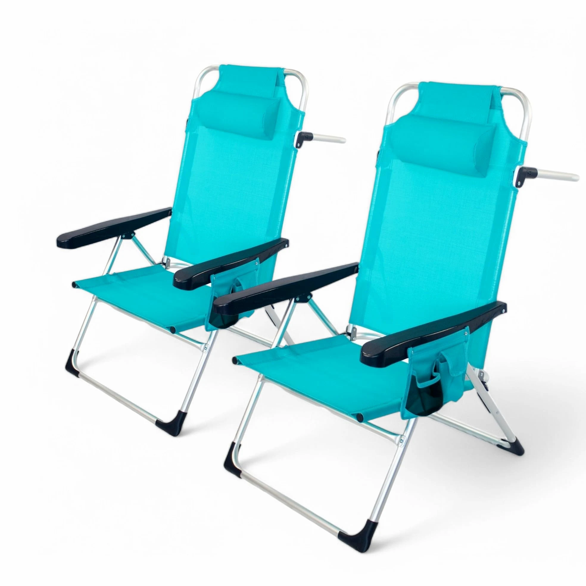 Pincho Silla Playa Plegable, Sillon Alto con Cojín, Reclinable, Altura del Asiento 29,5 cm, Asa de Transporte, Bolsillo para Movil y Bebida Textileno Resistente, Jardin, Camping, Hamaca (Turquesa, 2)