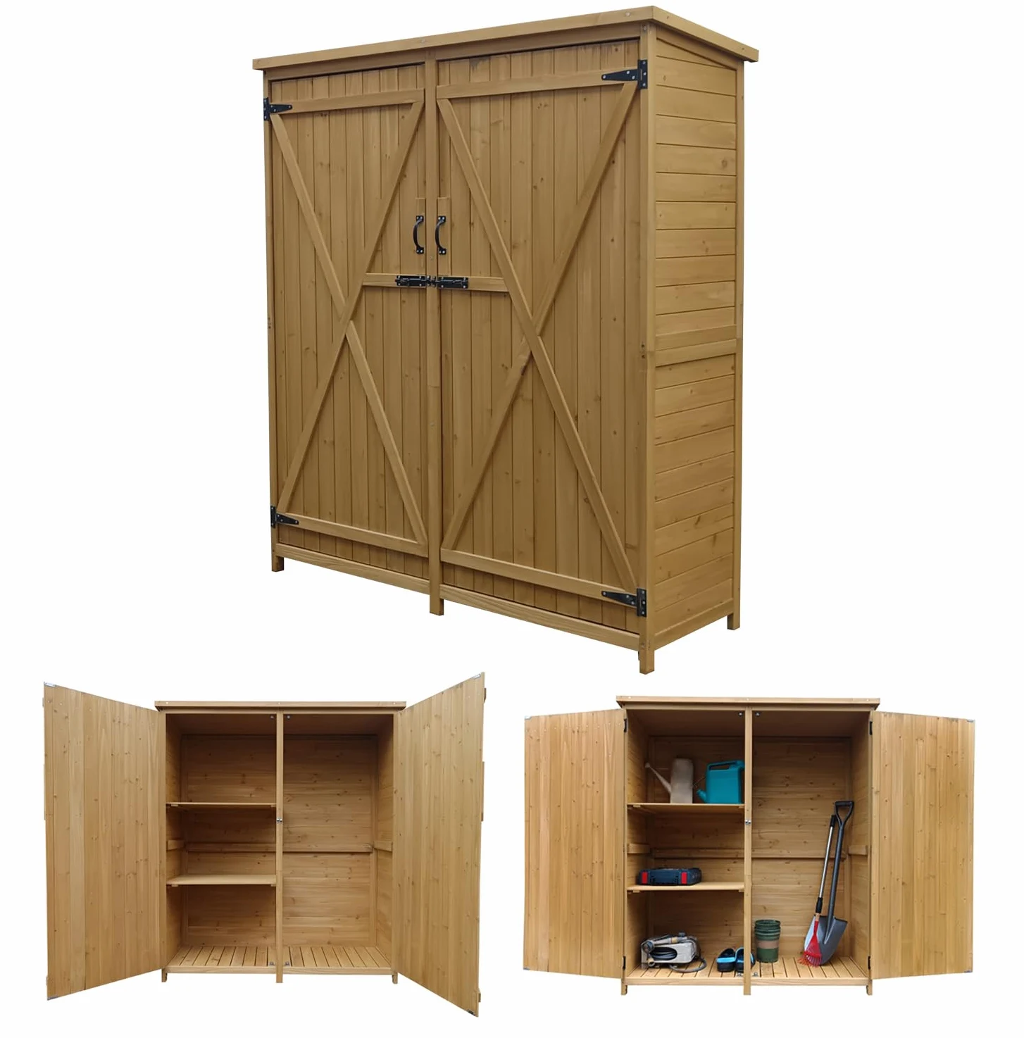 The Homeweeks Cobertizo Armario Jardín ISABA | Madera Tratada Maciza | 135 * 50 * 152cm. | Armario Multiusos Impermeable | Almacenamiento |Doble Puerta con Cerrojo | Cubierta Asfálto Impermeable