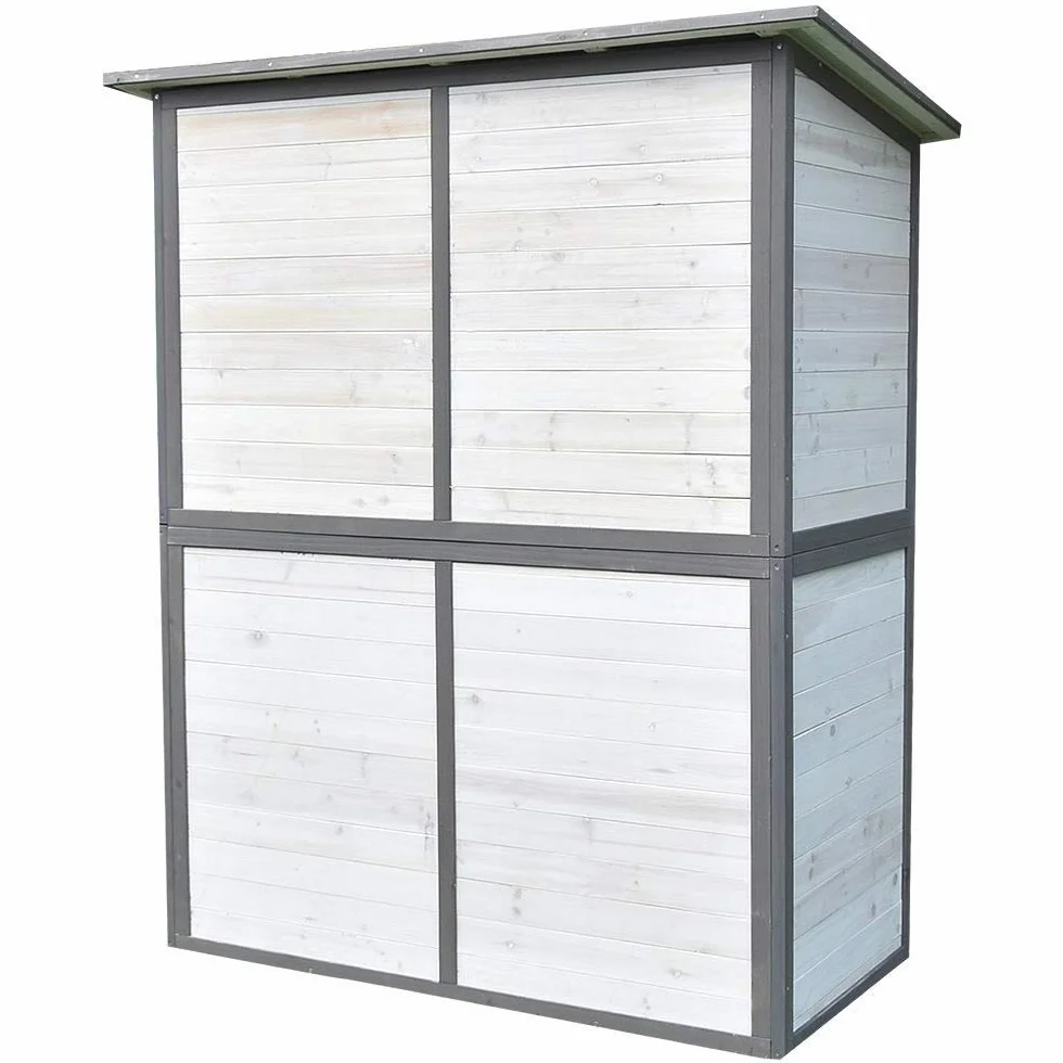 Melko Armario de jardín con techo reprimido y puerta de doble hoja blanco/gris, cobertizo de madera 162 x 140 x 75 cm, incluye estante