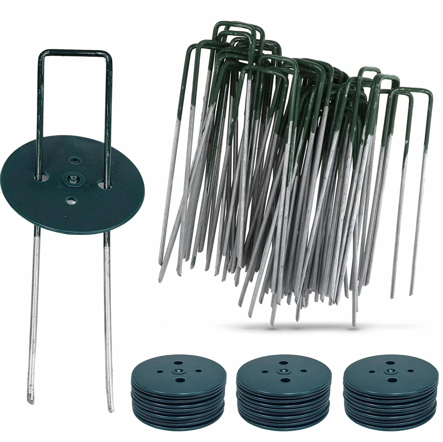Paquete de 50 grapas de paisaje de 6 pulgadas con tapas de arandela de juntas, estacas de metal para jardín, paisajismo, valla de césped, patio, césped, tierra (50, medio verde)