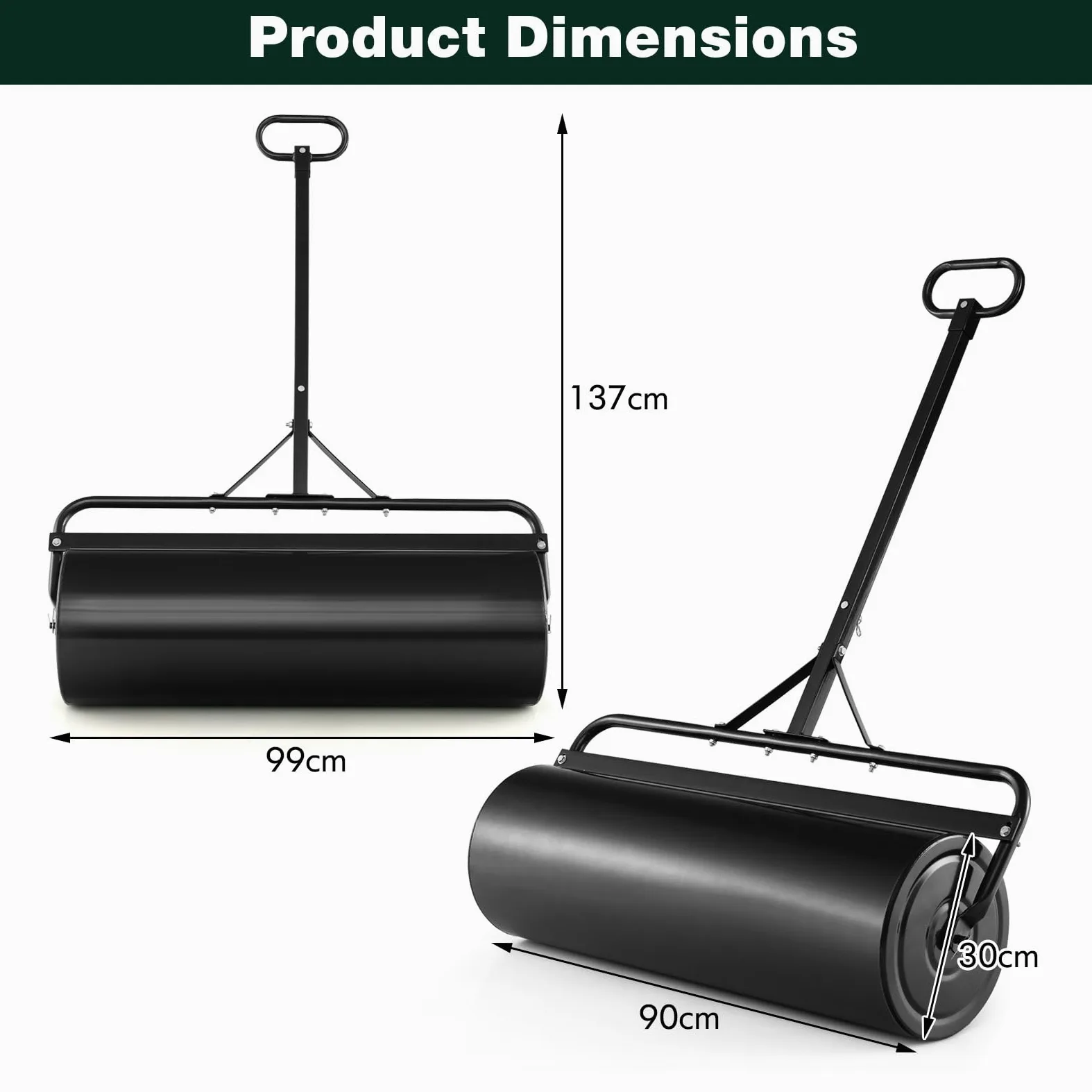 Rodillo para césped de jardín de 48L/60L/63L, Herramienta de Empuje de Gran Capacidad para césped, Tambor Resistente y desagüe extraíble, se Puede llenar con Agua o Arena, Acero galvanizado